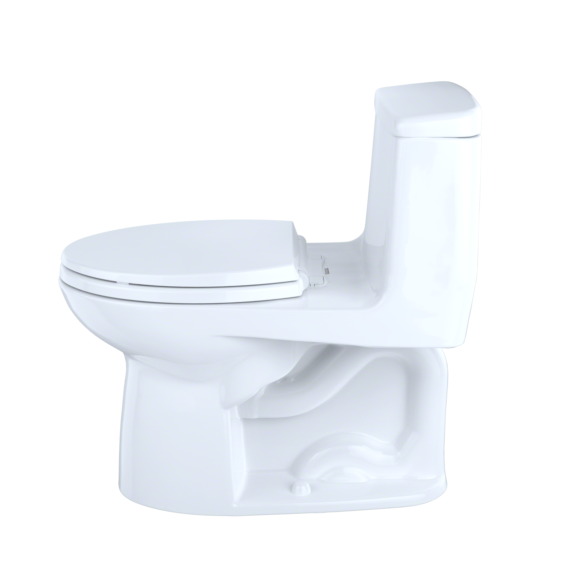 White one-piece elongated toilet with soft-close seat and sleek design.