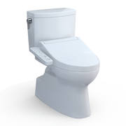 White two-piece elongated toilet with integrated bidet seat and control panel on the side.
