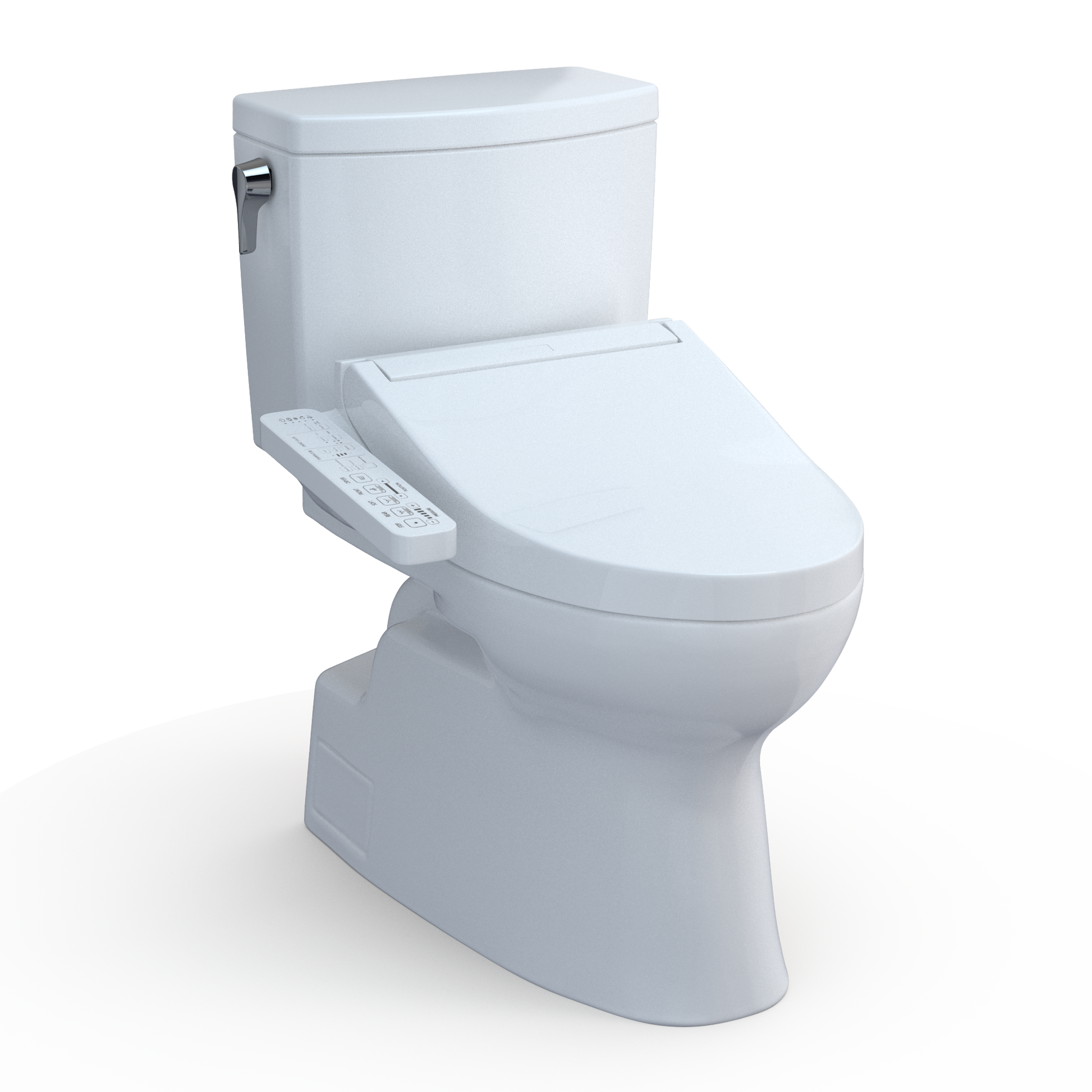 White two-piece elongated toilet with integrated bidet seat and control panel on the side.