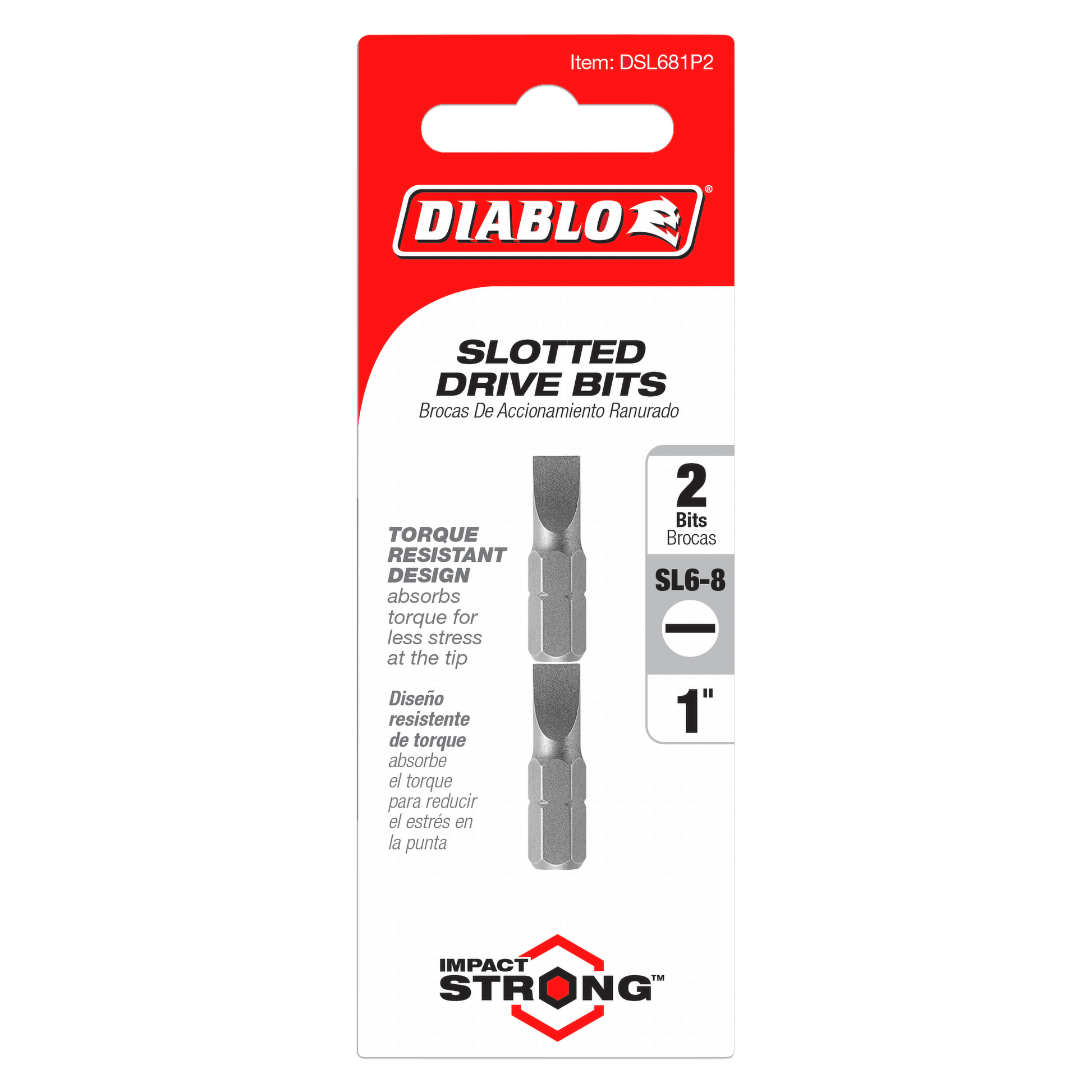 Two 1-inch SL6-8 slotted drive bits with torque-resistant design on red and white Diablo packaging.