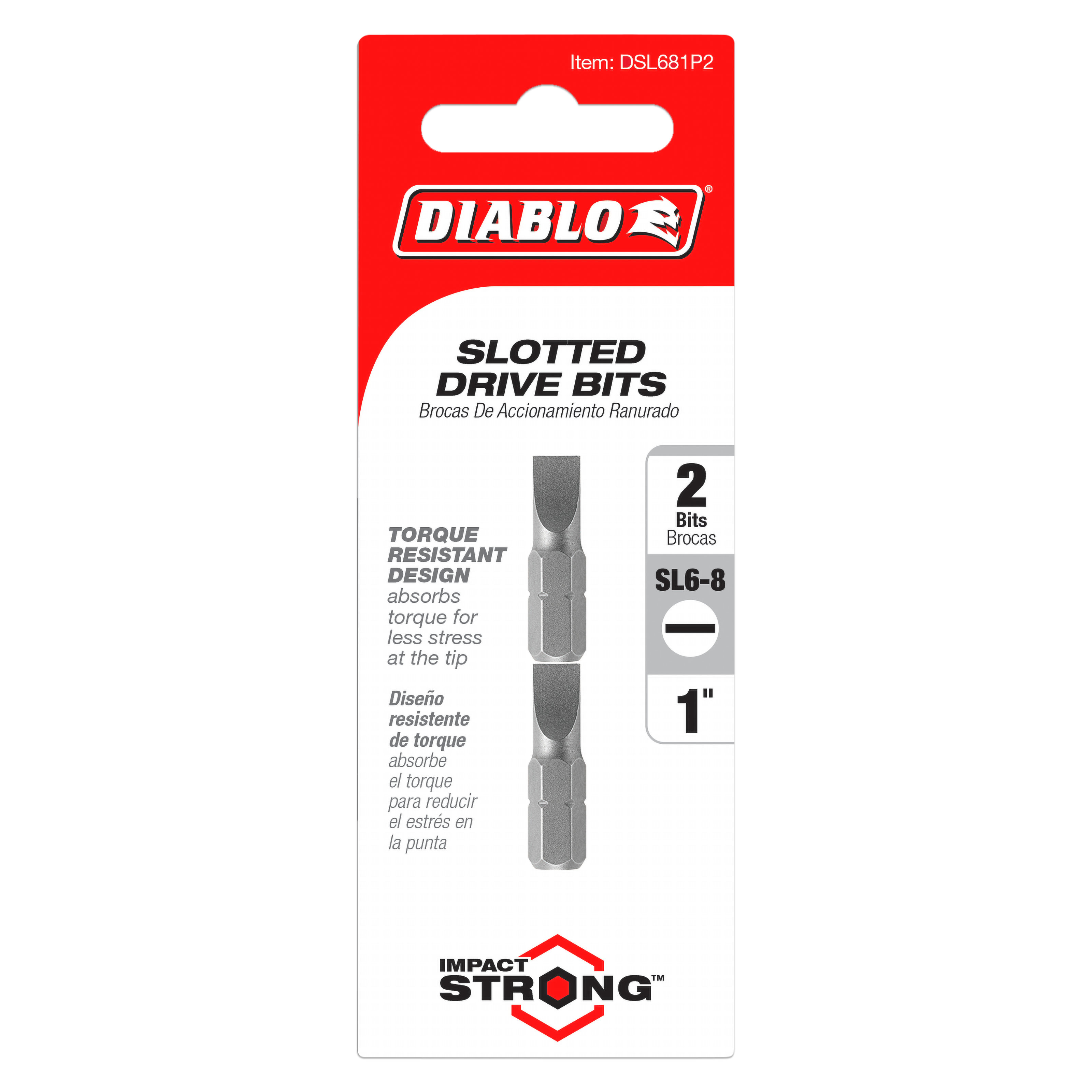 Two 1-inch SL6-8 slotted drive bits with torque-resistant design on red and white Diablo packaging.