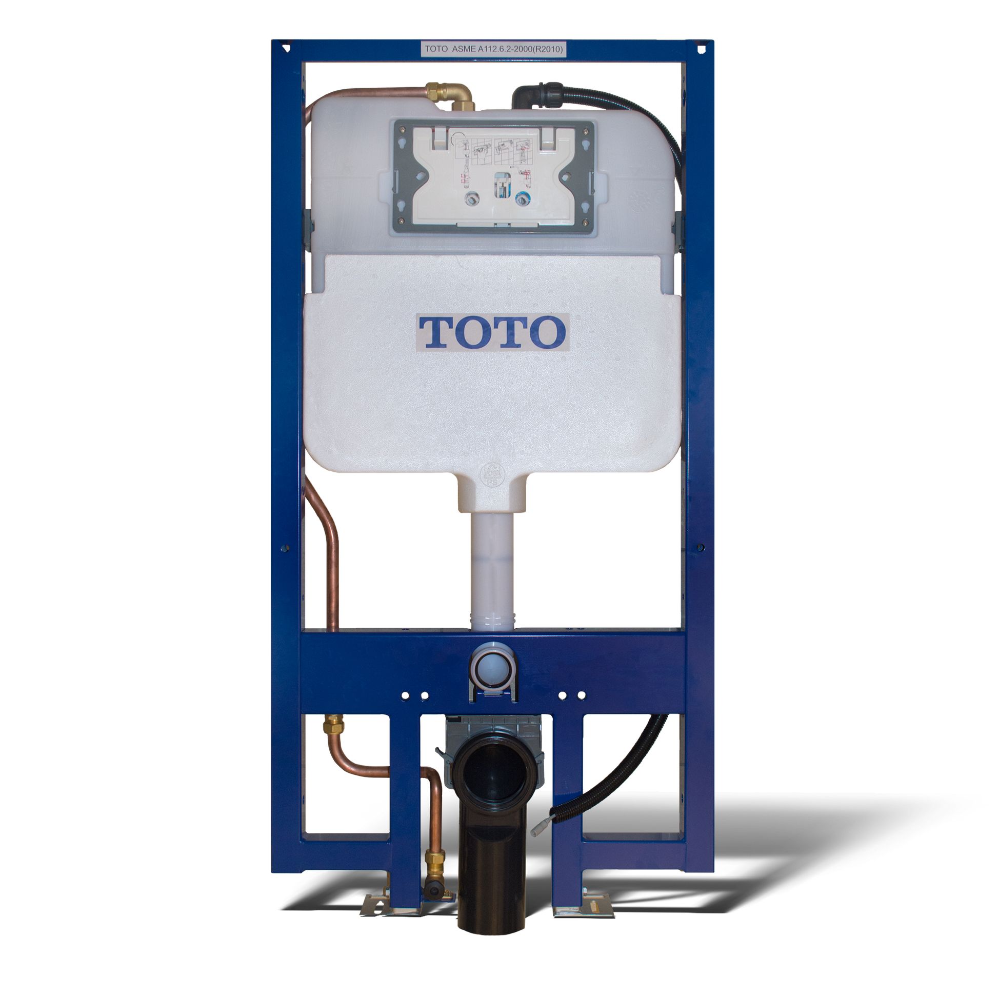 Toto in-wall dual flush toilet tank system with white reservoir, copper supply line, and control panel mounted on blue frame.