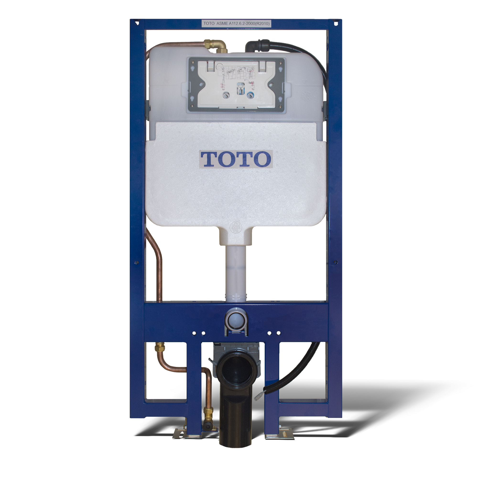 Toto in-wall dual flush toilet tank system with white reservoir, copper supply line, and control panel mounted on blue frame.