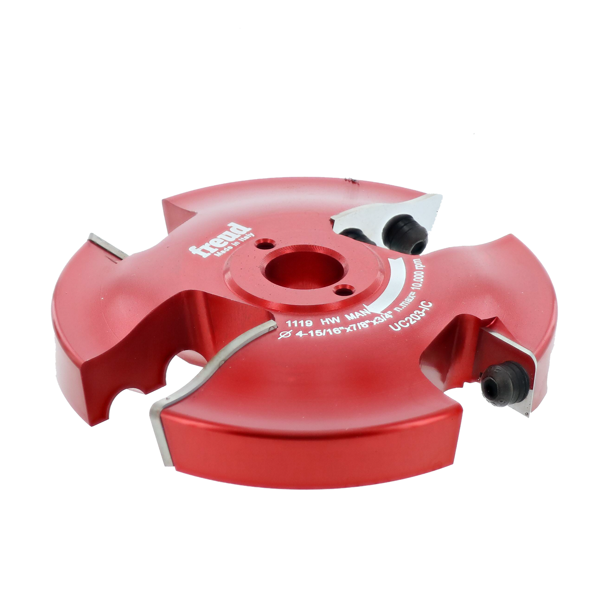 Red router bit with central bore and four cutting profiles, labeled Freud UC203-IC, on white background.