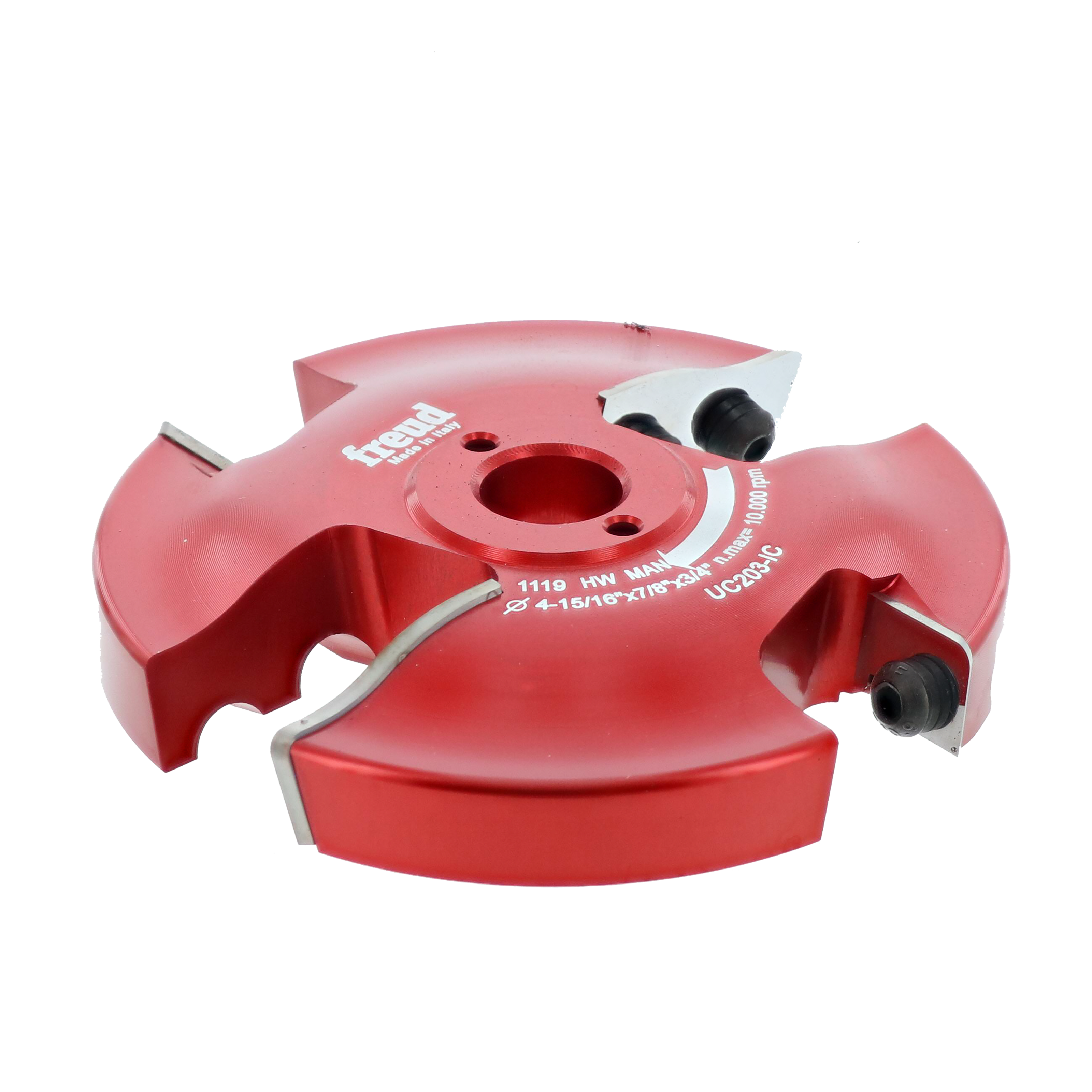 Red router bit with central bore and four cutting profiles, labeled Freud UC203-IC, on white background.