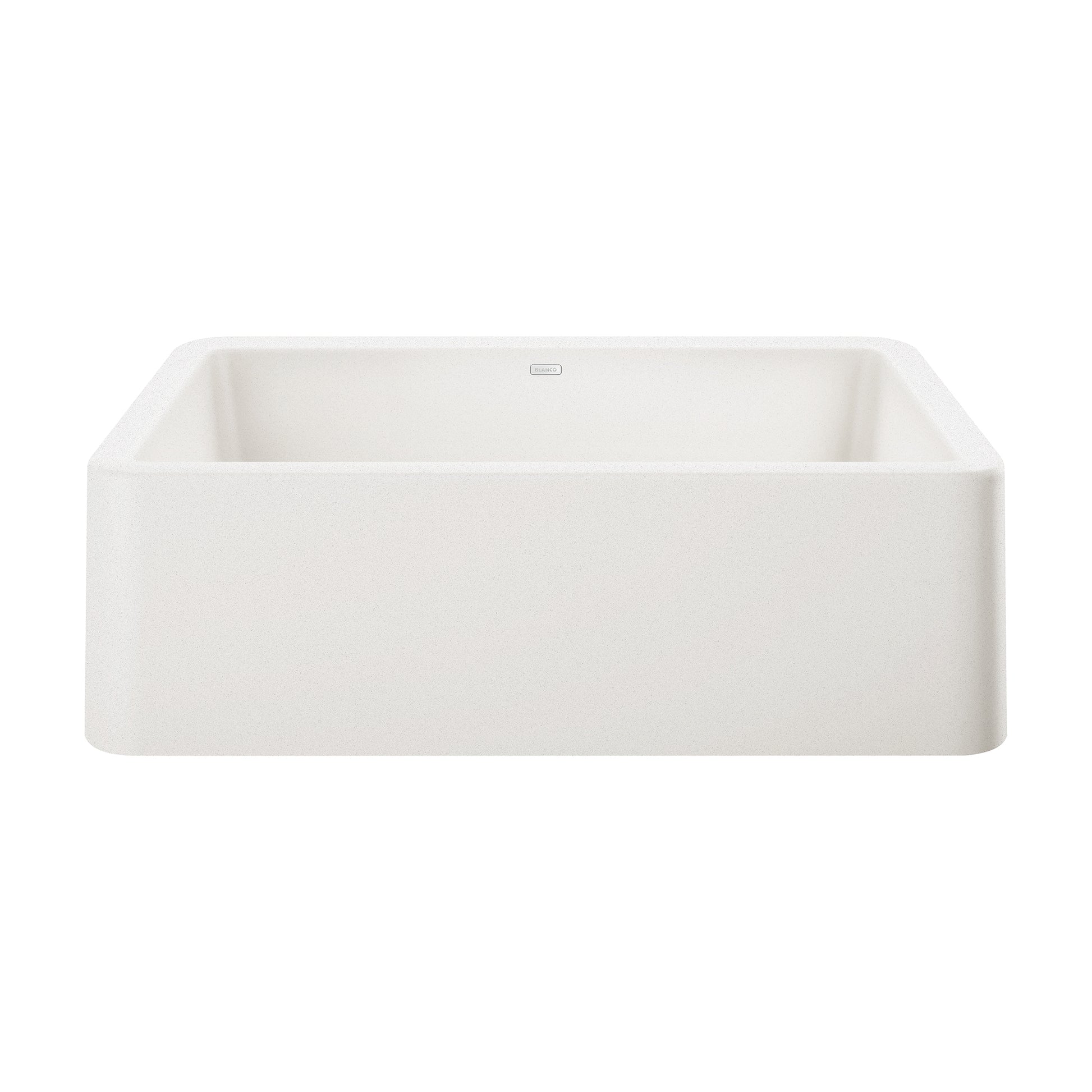 White rectangular apron front kitchen sink with curved sides and flat rim.