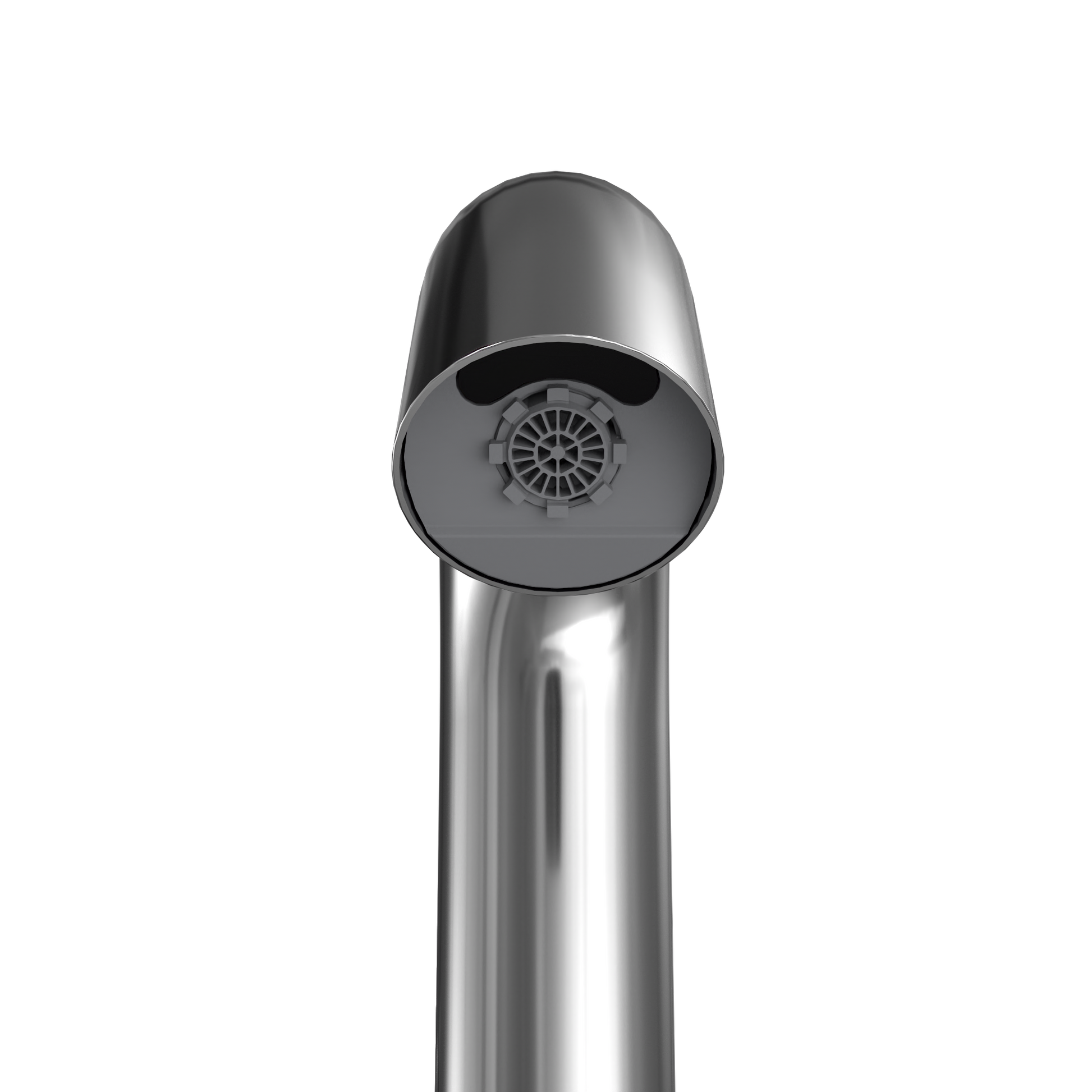 Polished chrome touchless bathroom faucet with curved spout and aerator head.