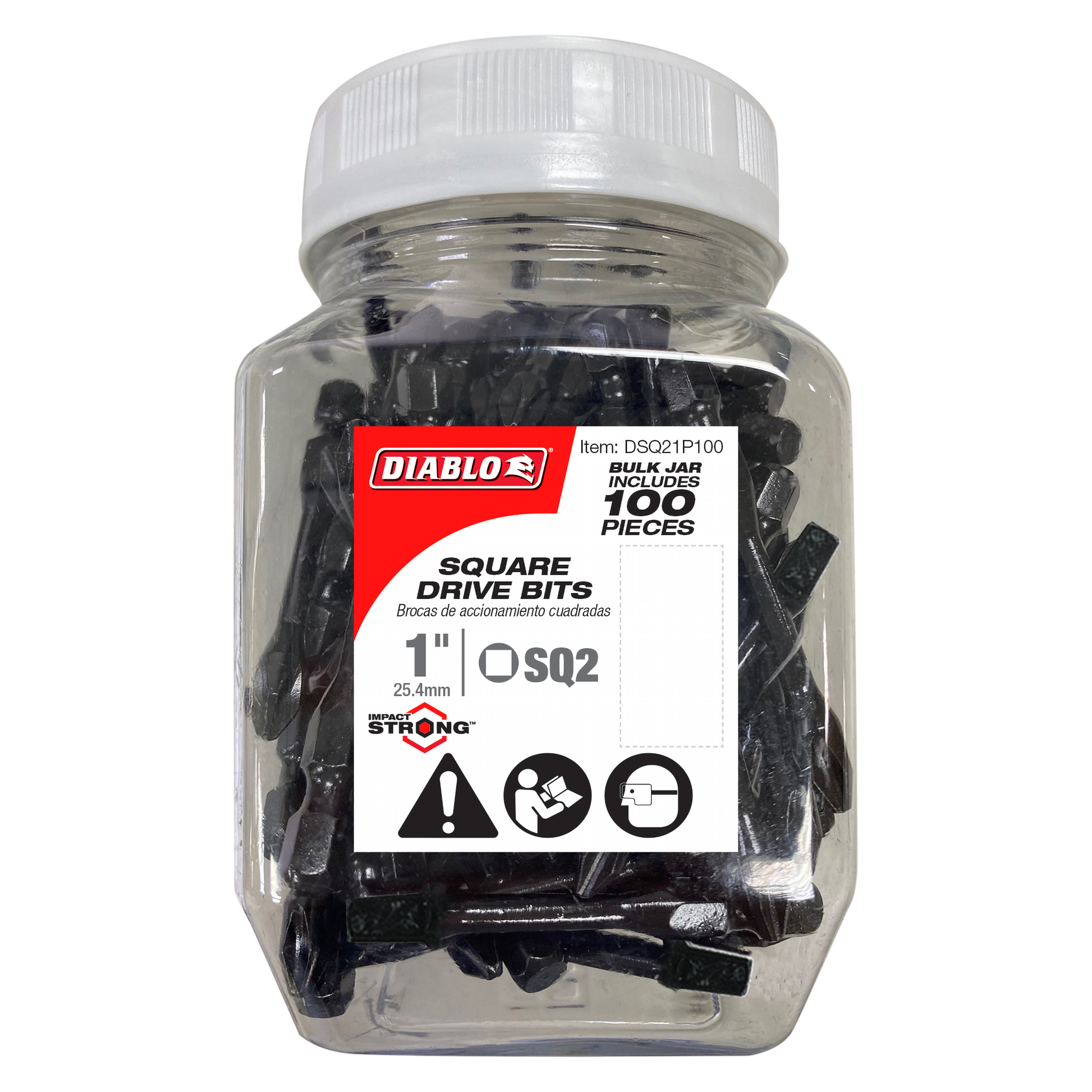 Clear plastic jar containing 100 black #2 square drive bits, 1 inch length, with white screw-top lid and Diablo label.