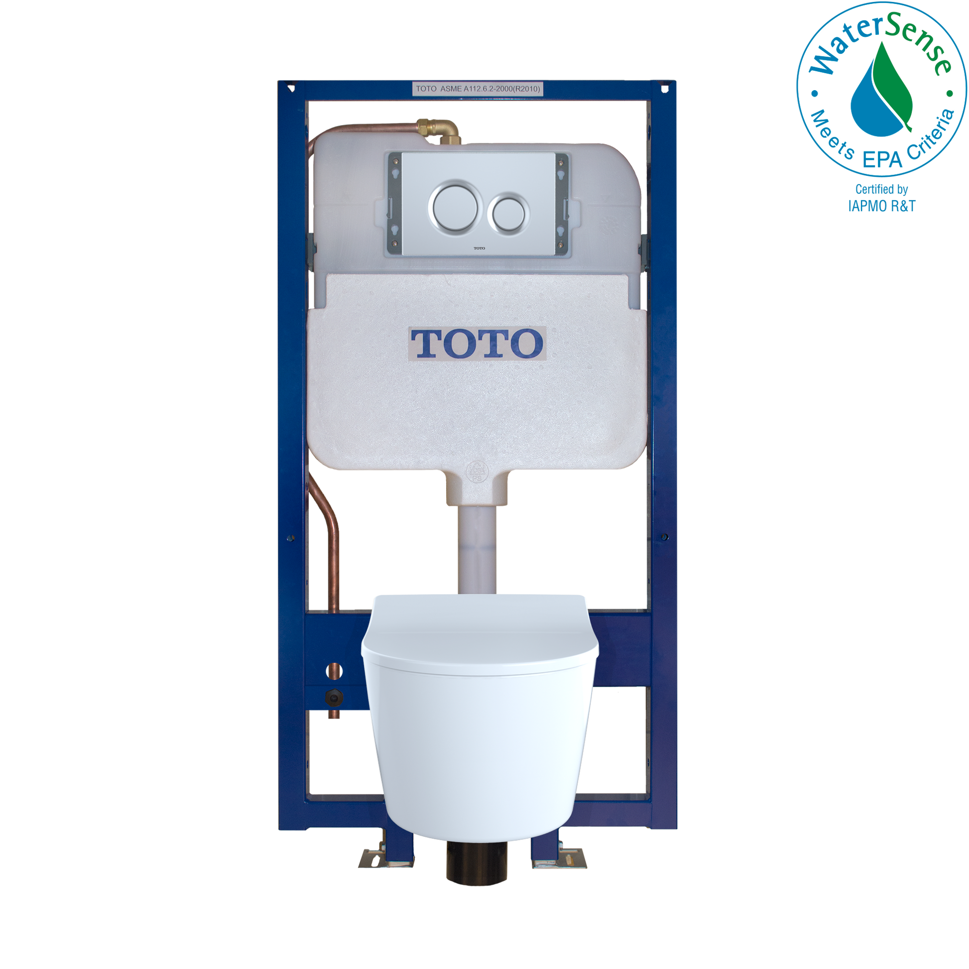 Toto wall-hung toilet with matte silver D-shaped bowl and dual-flush in-wall tank system mounted on blue frame.