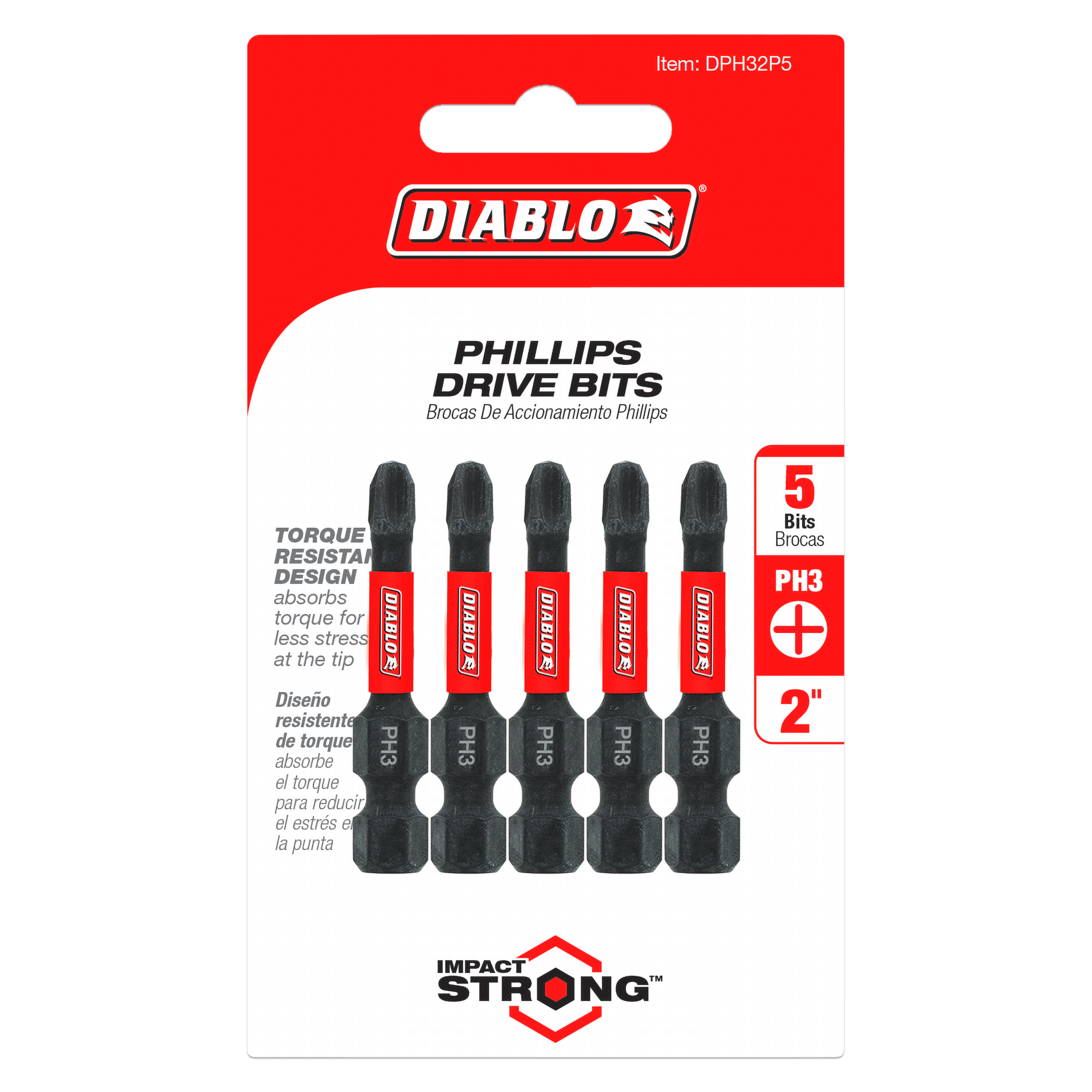 Five black and red Diablo #3 Phillips drive bits, 2 inches long, displayed on red and white packaging.