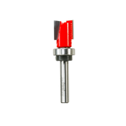 Red and black flush trim router bit with metal shank and top bearing for edge routing.