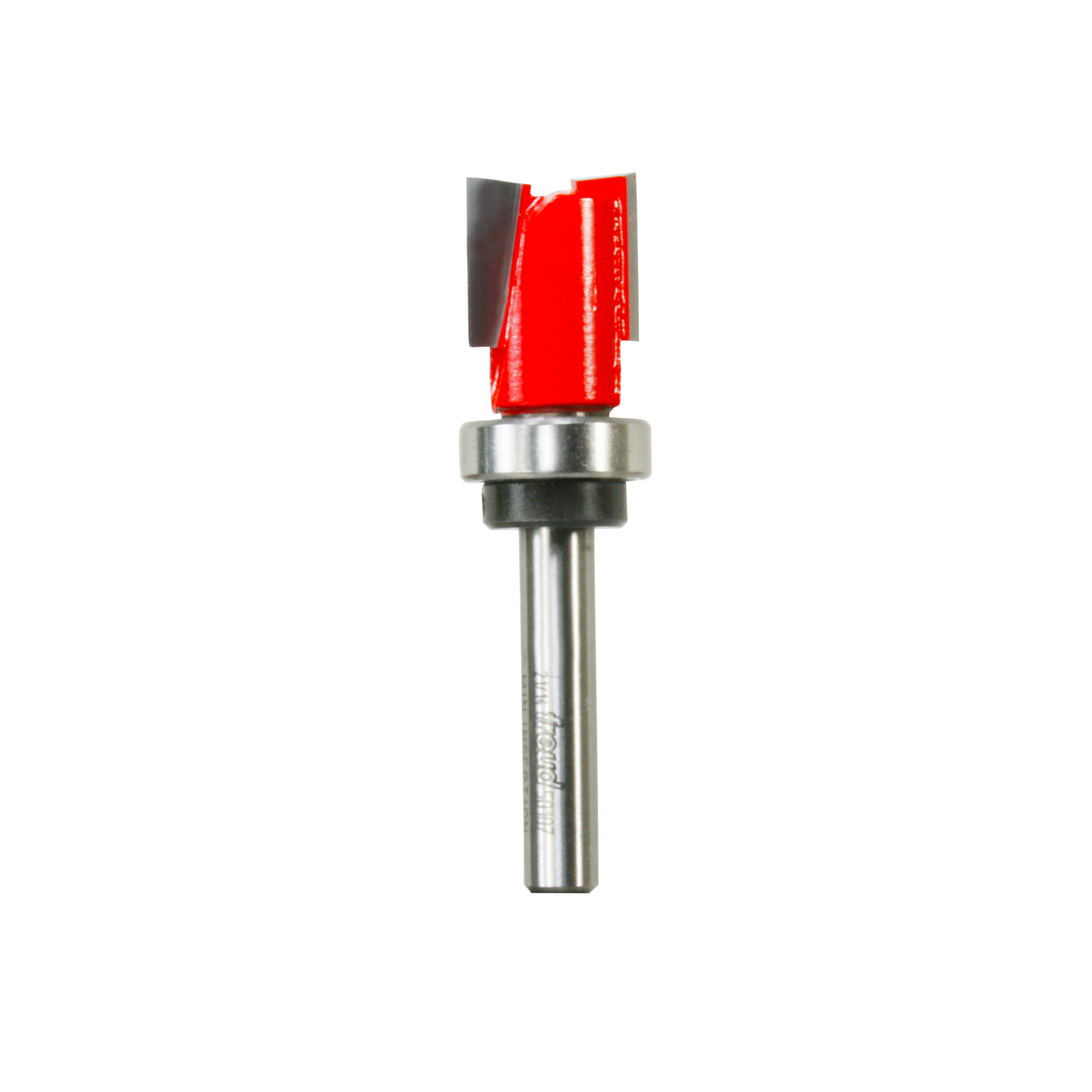Red and black flush trim router bit with metal shank and top bearing for edge routing.