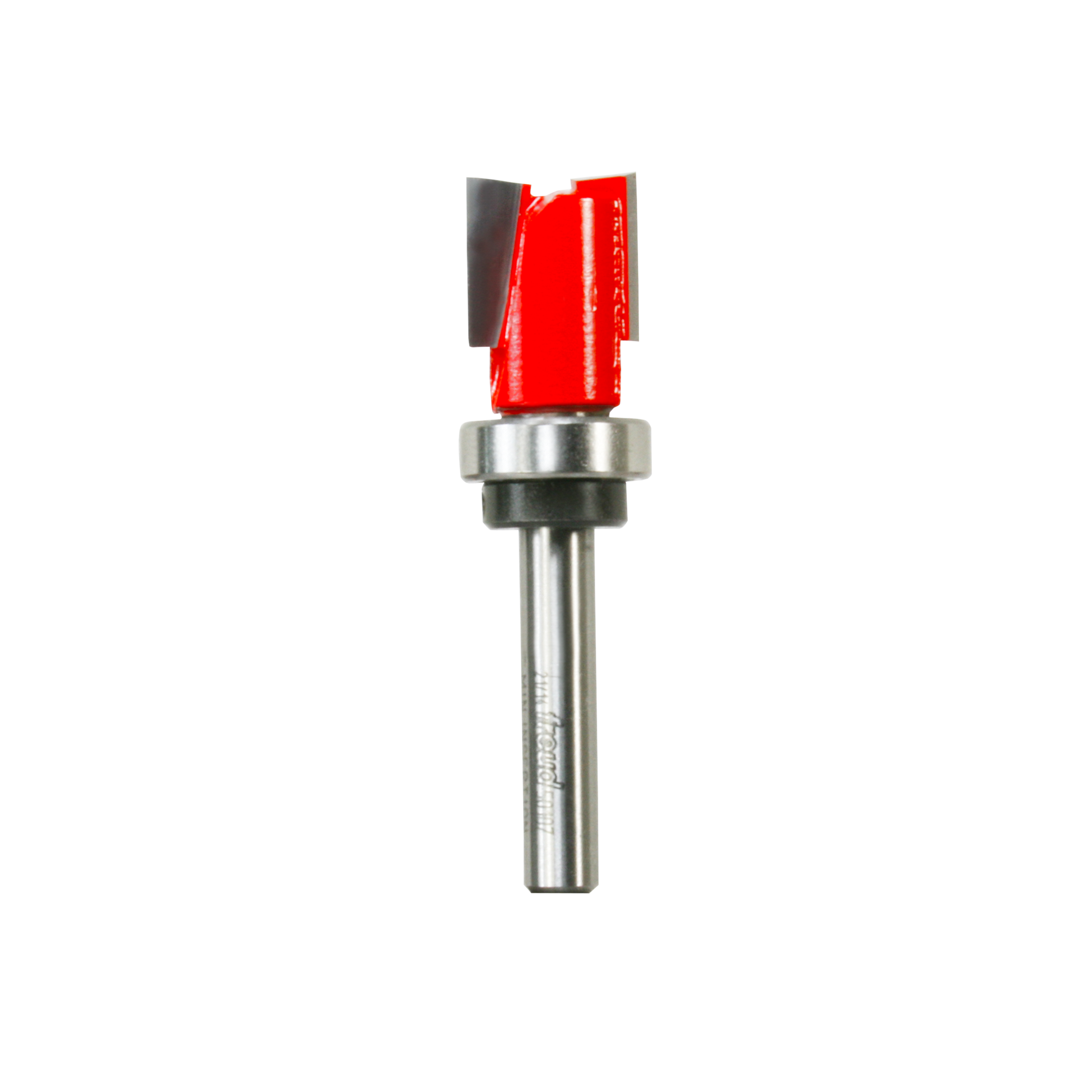 Red and black flush trim router bit with metal shank and top bearing for edge routing.
