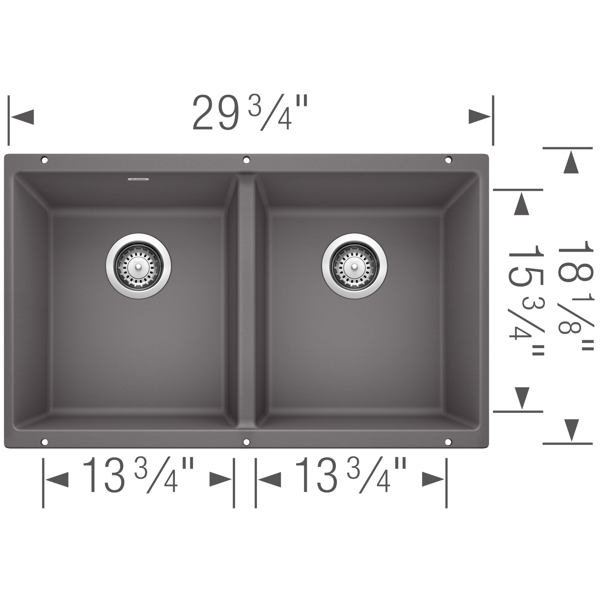 Cinder undermount double bowl sink with two equal compartments and drain strainers, 29 3/4" wide.