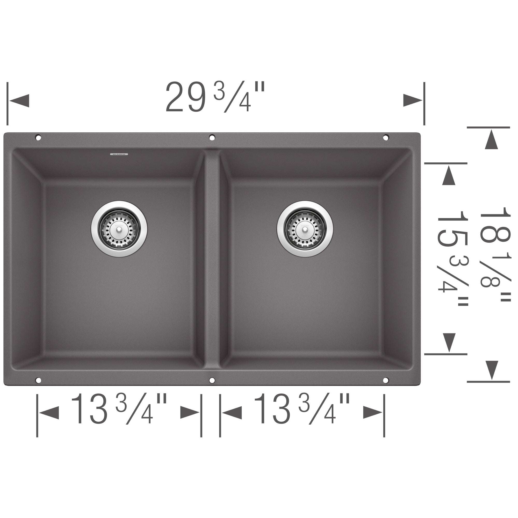 Cinder undermount double bowl sink with two equal compartments and drain strainers, 29 3/4" wide.