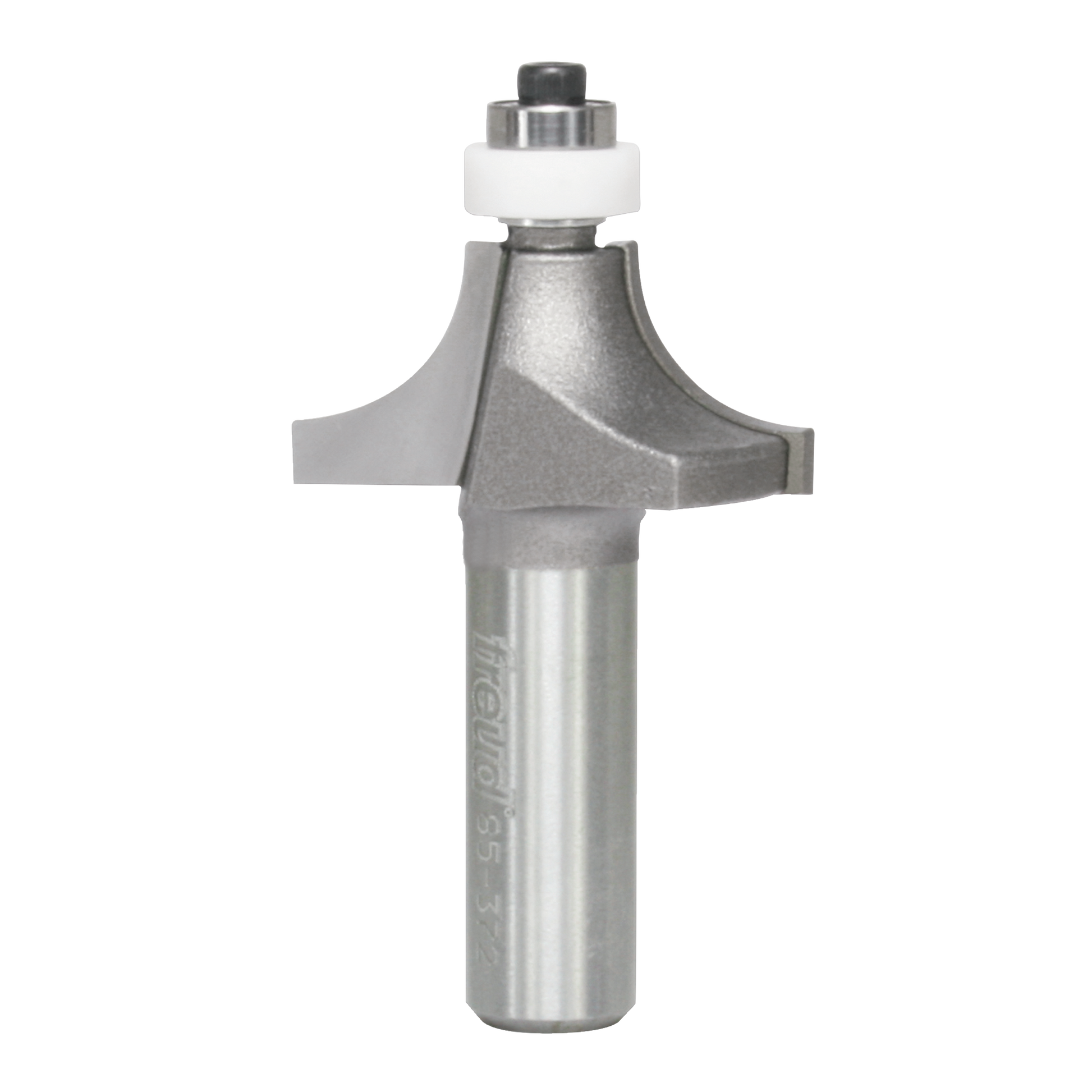 Carbide rounding over router bit with white bearing guide and metal shank on white background.