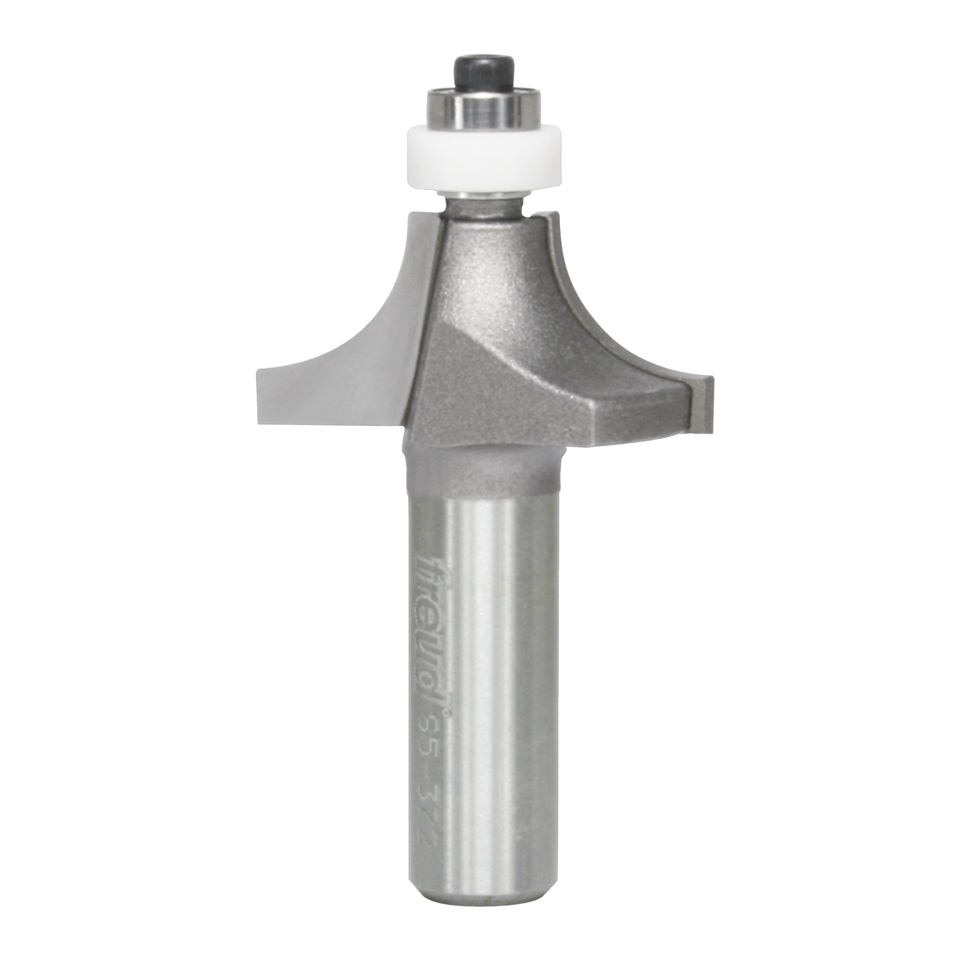 Carbide rounding over router bit with white bearing guide and metal shank on white background.