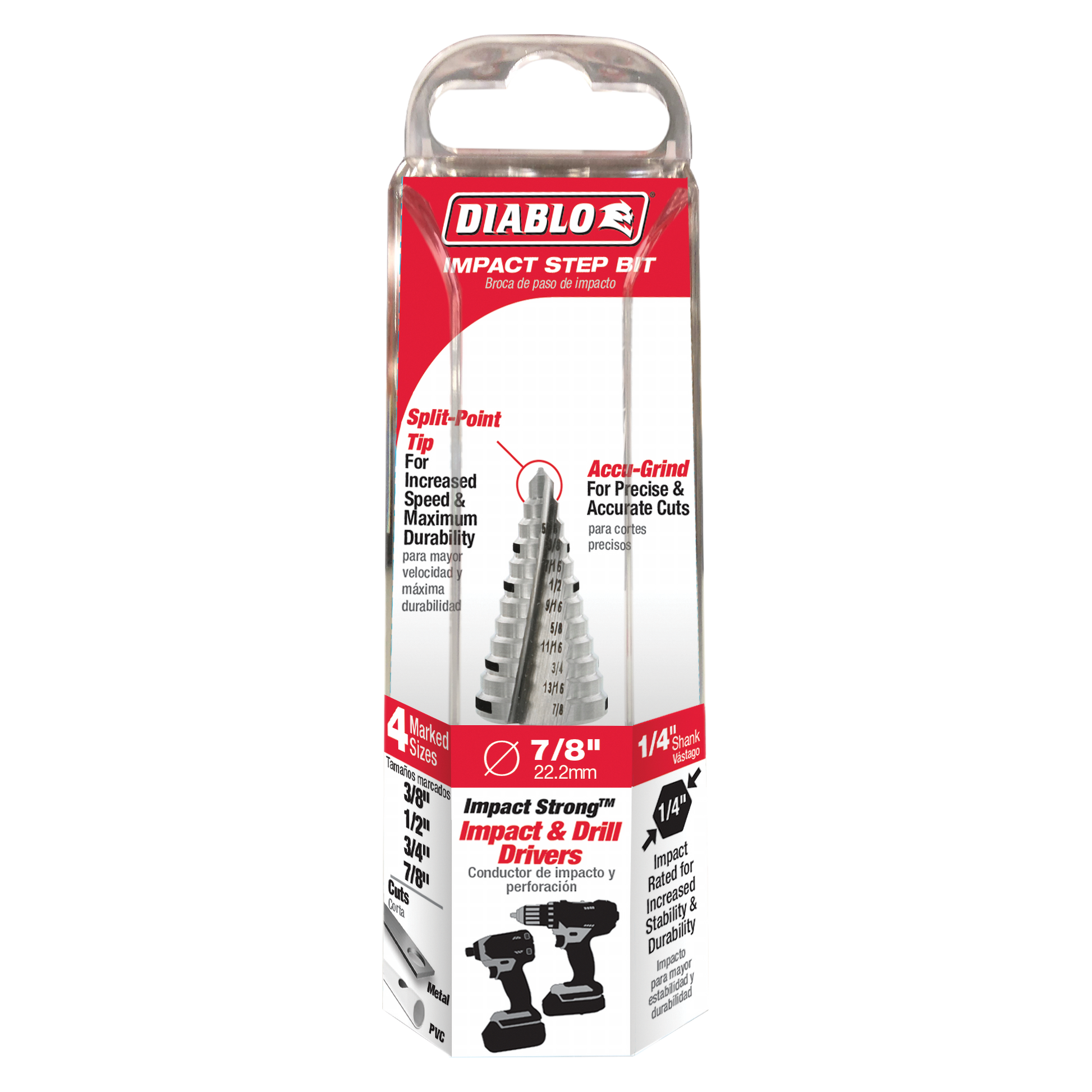 Diablo Impact Step Drill Bit with split-point tip and accu-grind flutes, packaged in red and white box.