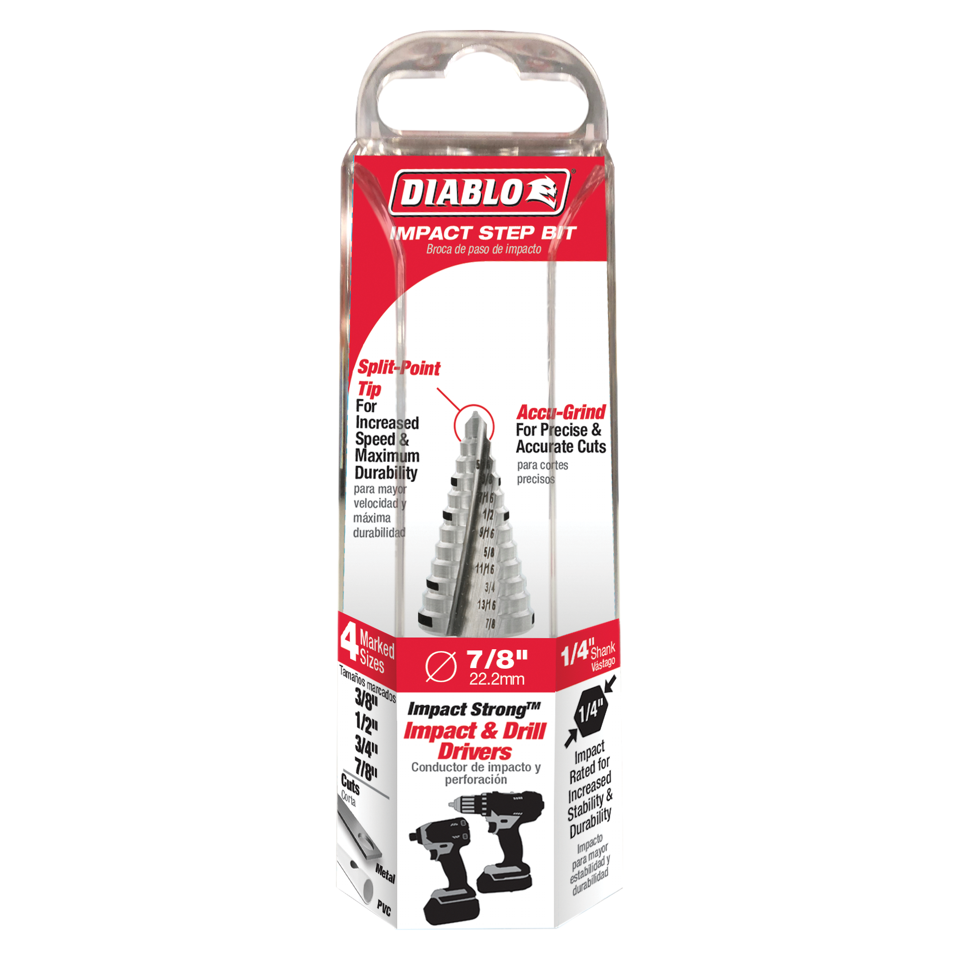 Diablo Impact Step Drill Bit with split-point tip and accu-grind flutes, packaged in red and white box.