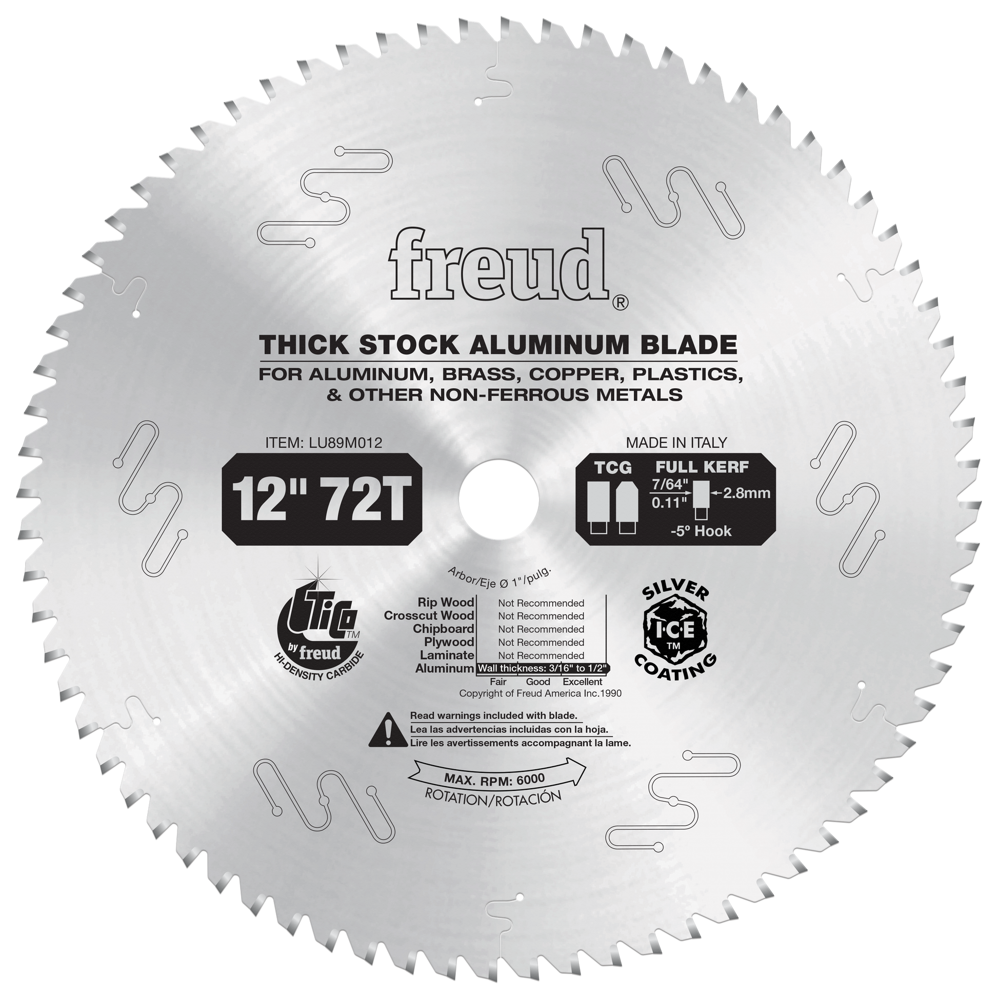 12-inch circular saw blade with 72 teeth and silver coating for cutting aluminum and non-ferrous metals.