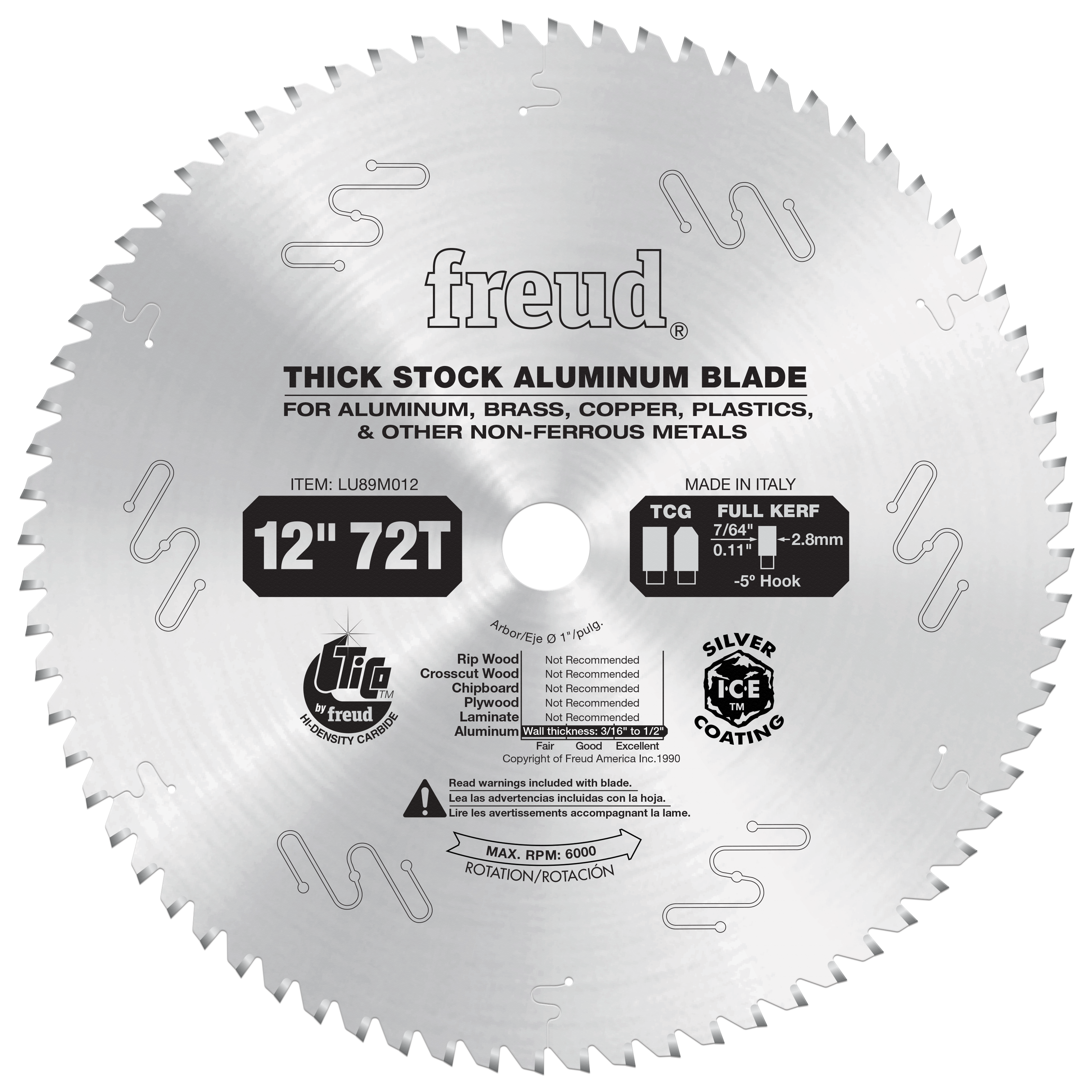 12-inch circular saw blade with 72 teeth and silver coating for cutting aluminum and non-ferrous metals.