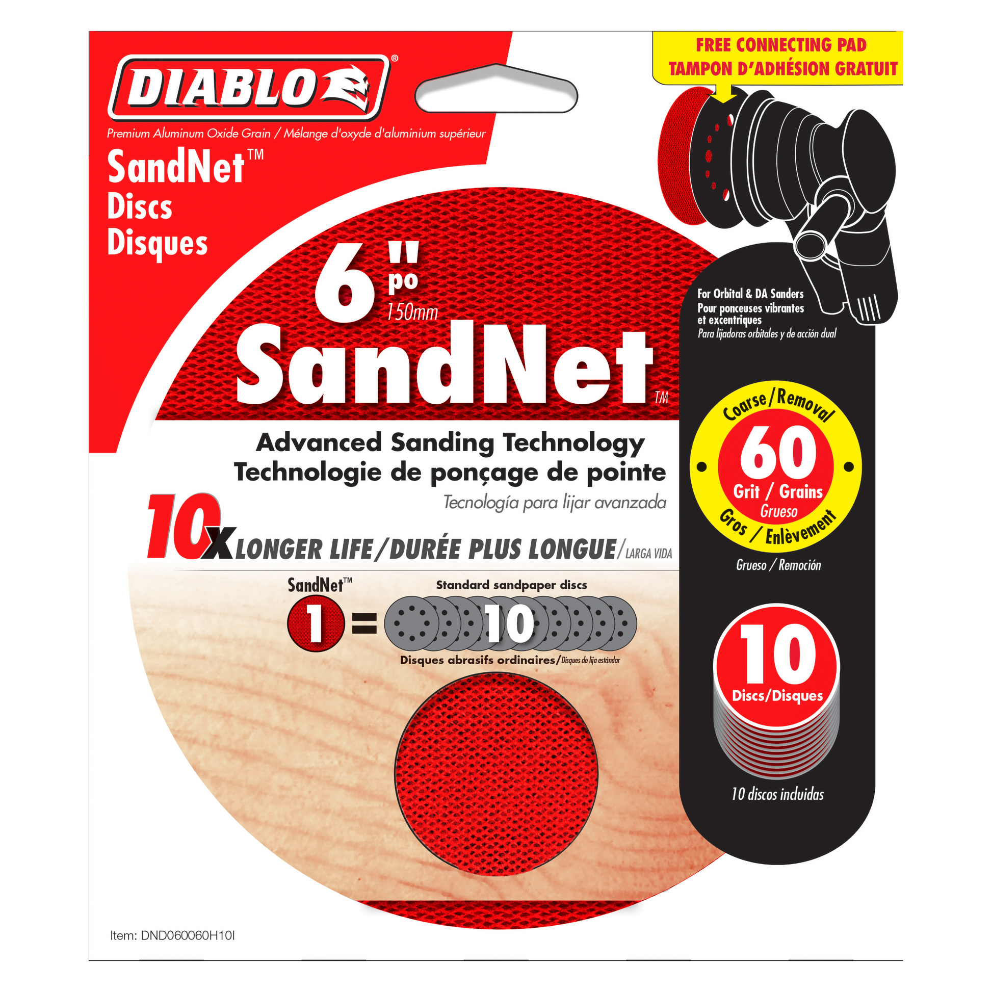 Diablo SandNet 6-inch round sanding discs with red mesh surface and black connecting pad displayed on packaging.