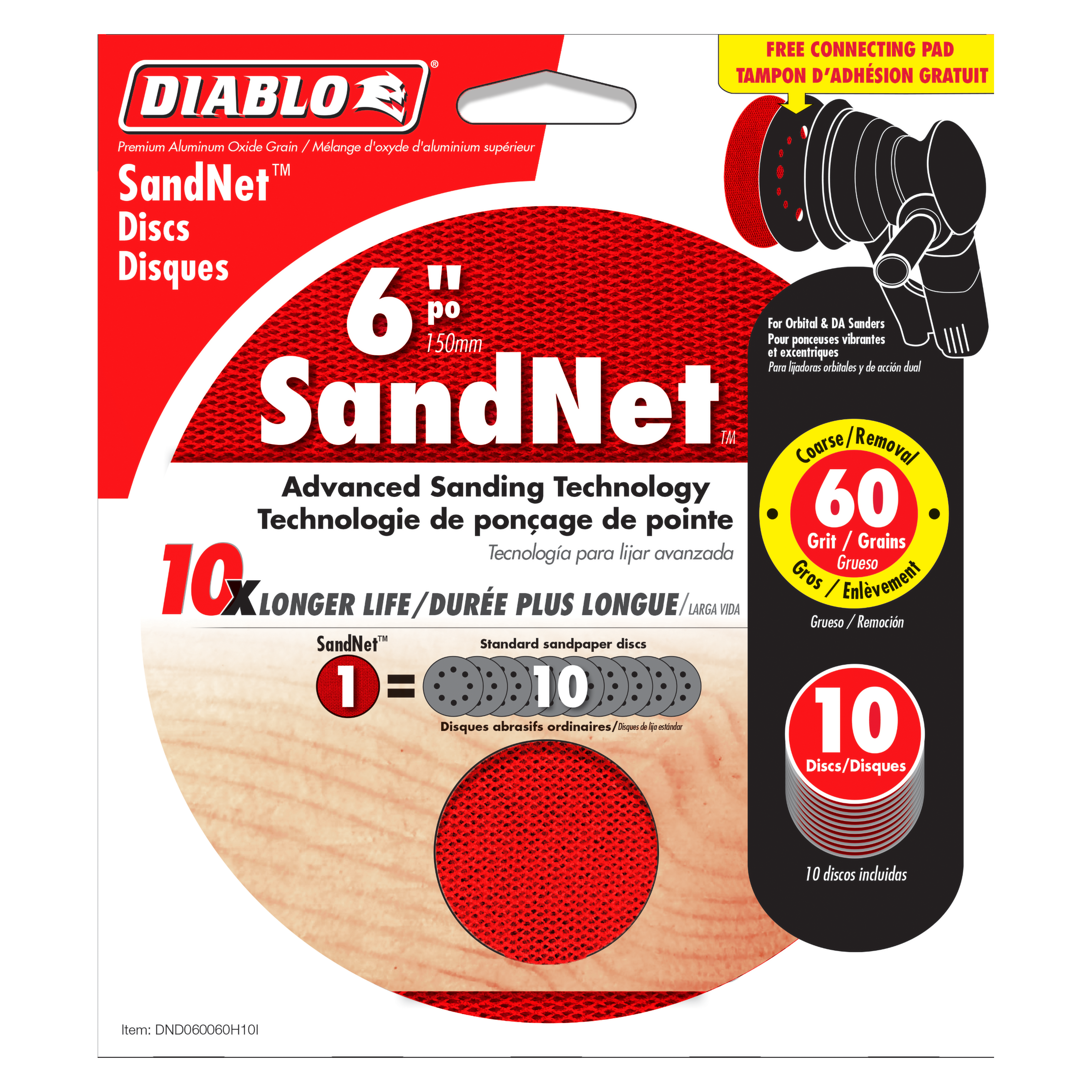 Diablo SandNet 6-inch round sanding discs with red mesh surface and black connecting pad displayed on packaging.