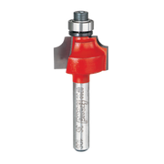 Red beading router bit with silver shank and metal bearing collar at top.