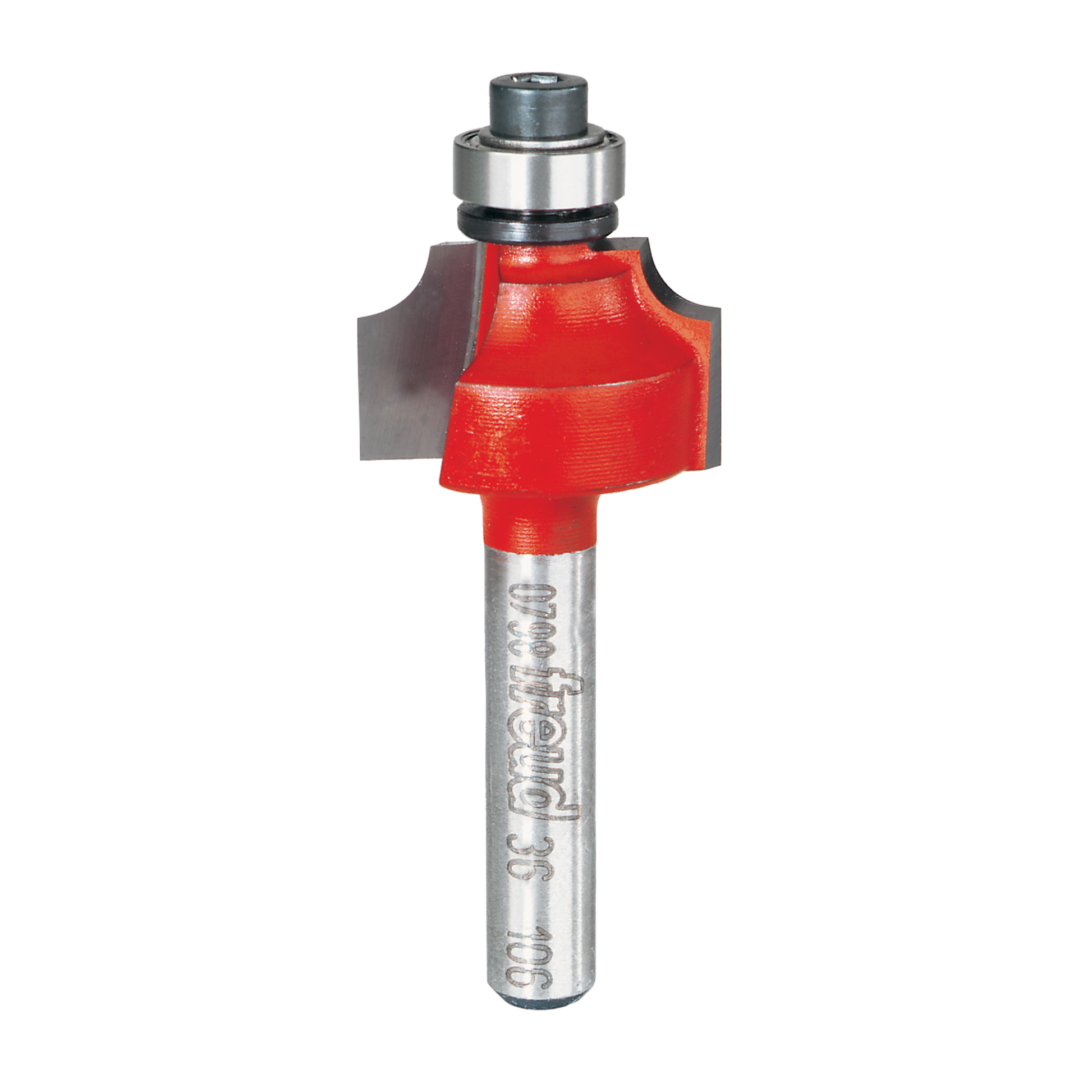 Red beading router bit with silver shank and metal bearing collar at top.