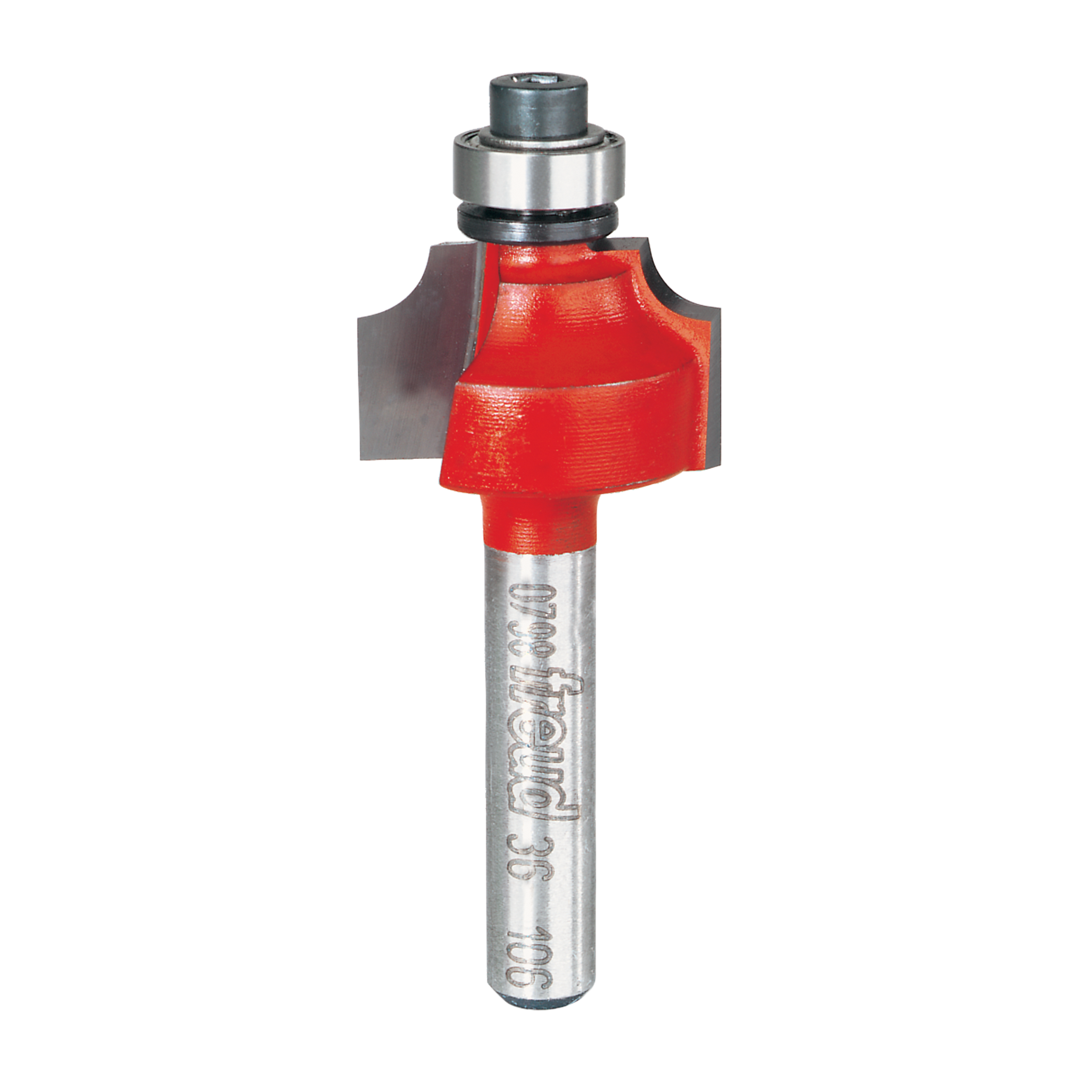 Red beading router bit with silver shank and metal bearing collar at top.