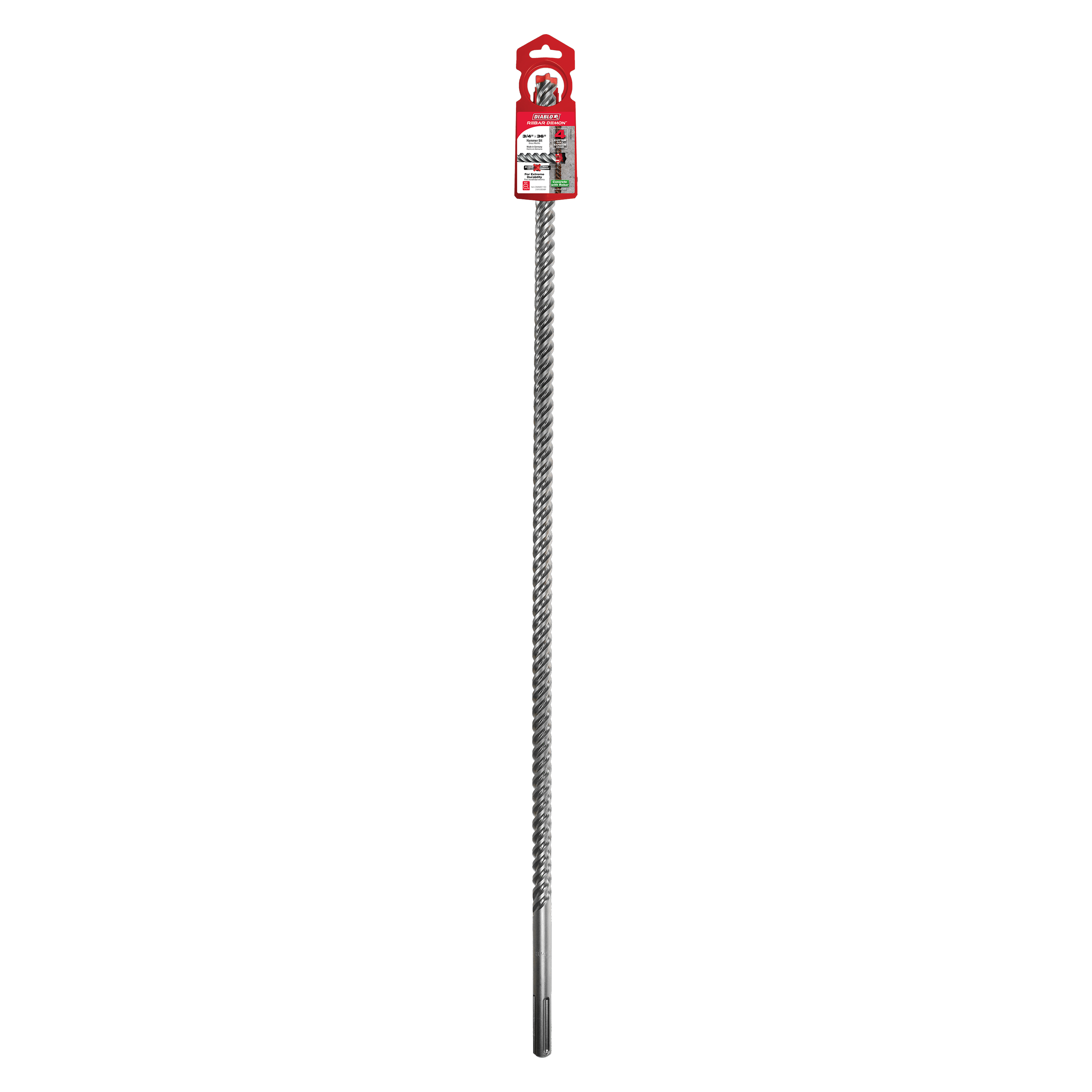 Two SDS-Max 3/4 inch hammer drill bits with spiral flutes and carbide cutting head, displayed vertically in red packaging.