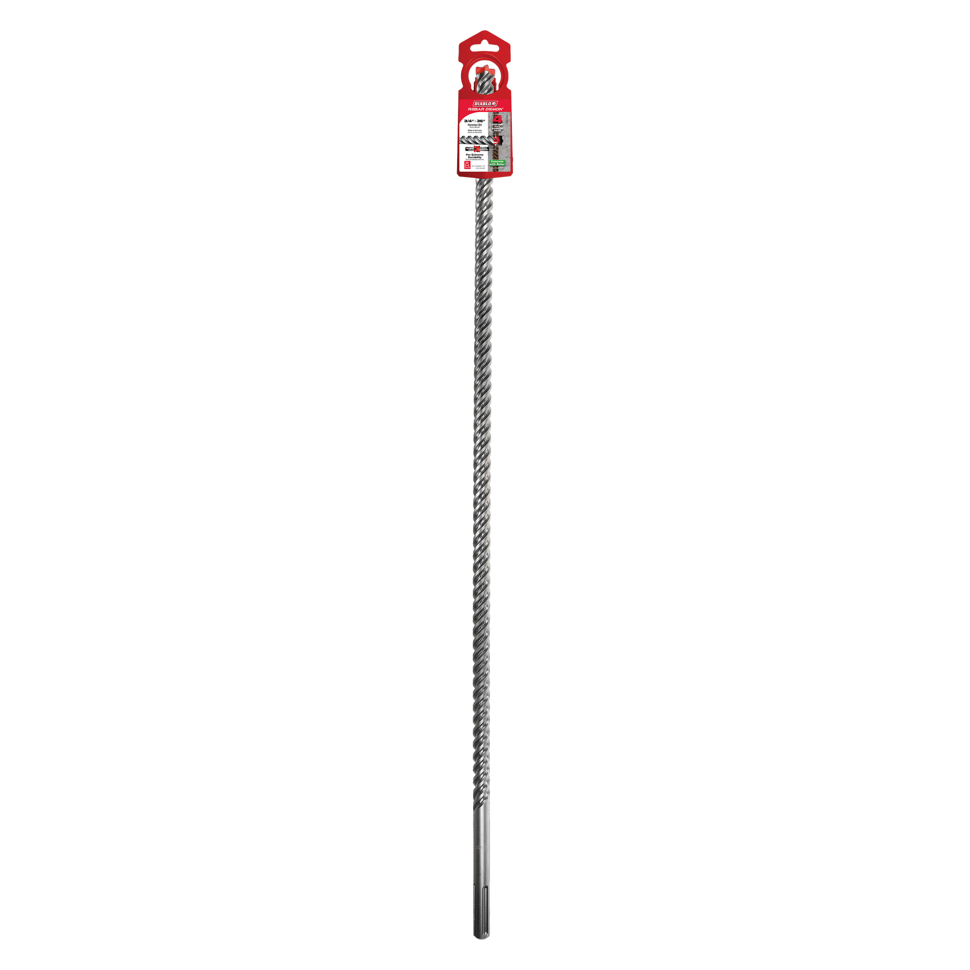 Long SDS-Max hammer drill bit with spiral flutes and carbide cutting head, red packaging label at top.