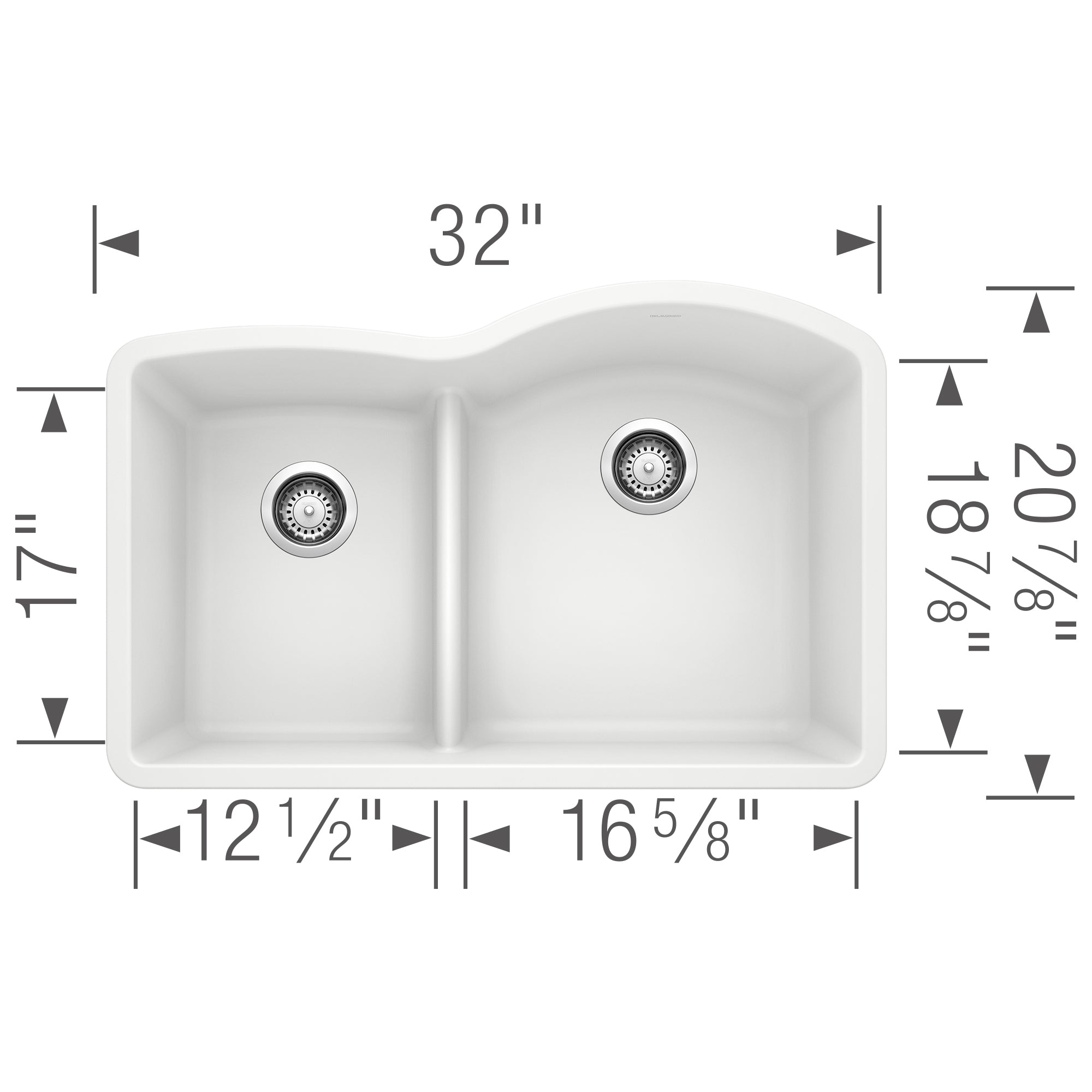 White double-bowl undermount kitchen sink with low divide, 32" wide, shown from above with dimension measurements.