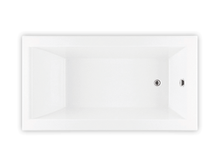Biscuit rectangular bathtub with dual jet controls and heated backrest/headrest, viewed from above.