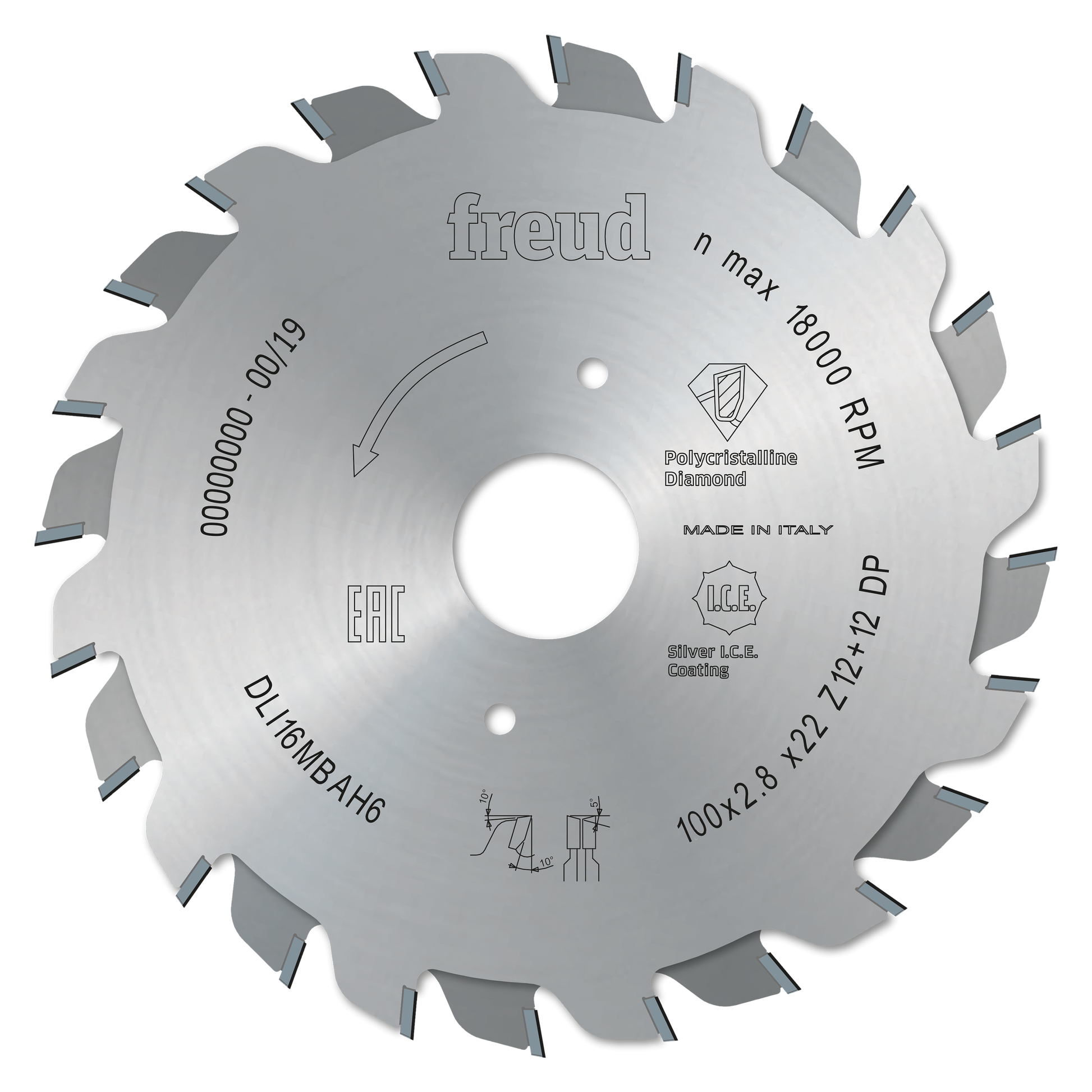 Freud 100mm circular saw blade with multiple teeth and center arbor hole, marked with specifications and "Made in Italy."