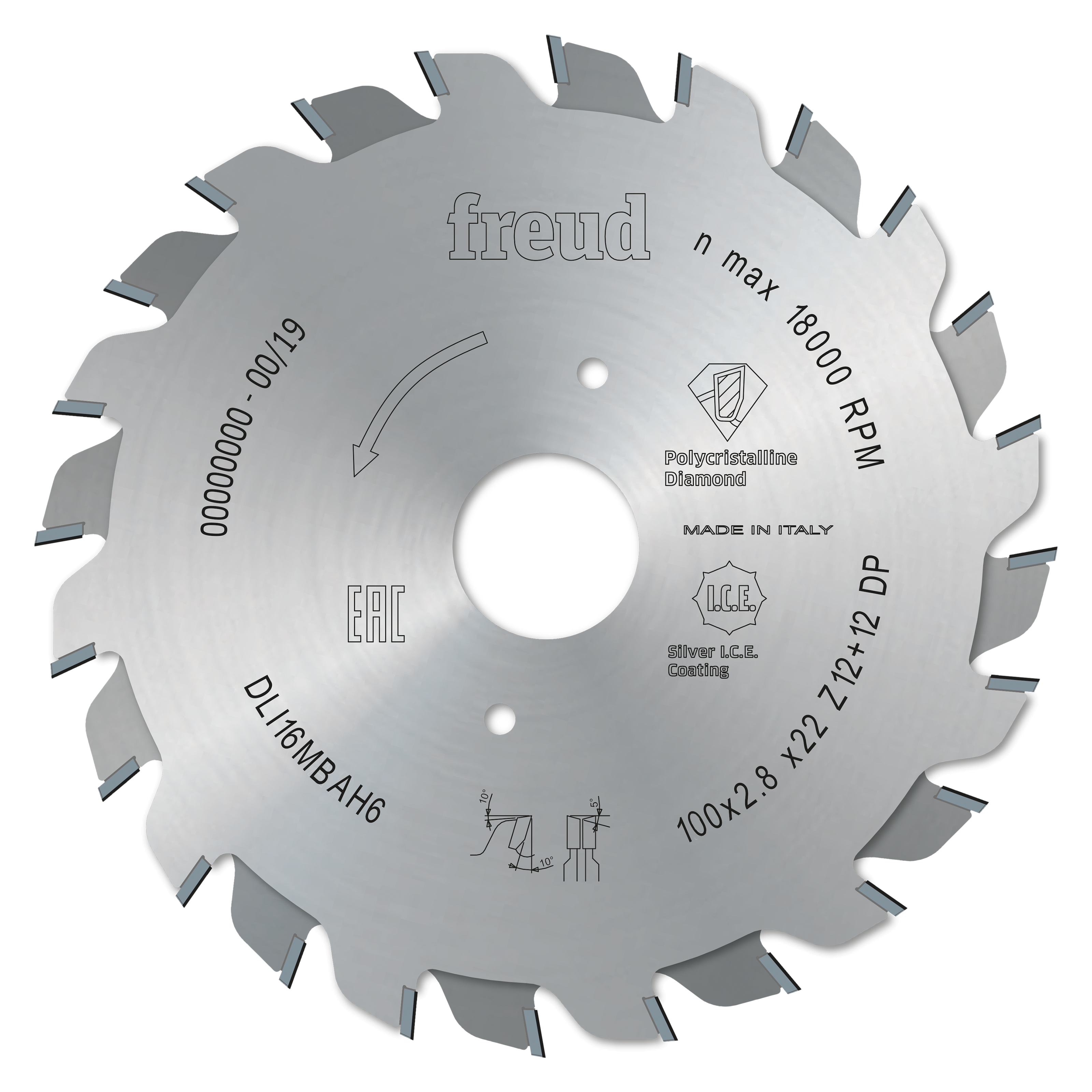 Freud 100mm circular saw blade with multiple teeth and center arbor hole, marked with specifications and "Made in Italy."
