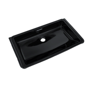 Ebony black rectangular undermount bathroom sink with single faucet hole and curved interior basin.