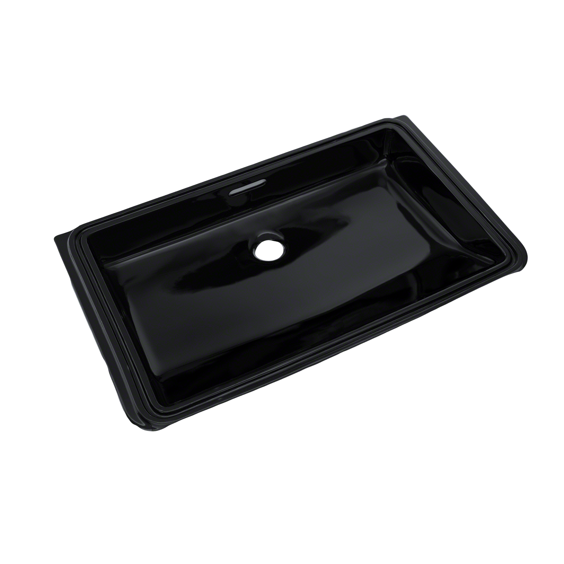 Ebony black rectangular undermount bathroom sink with single faucet hole and curved interior basin.