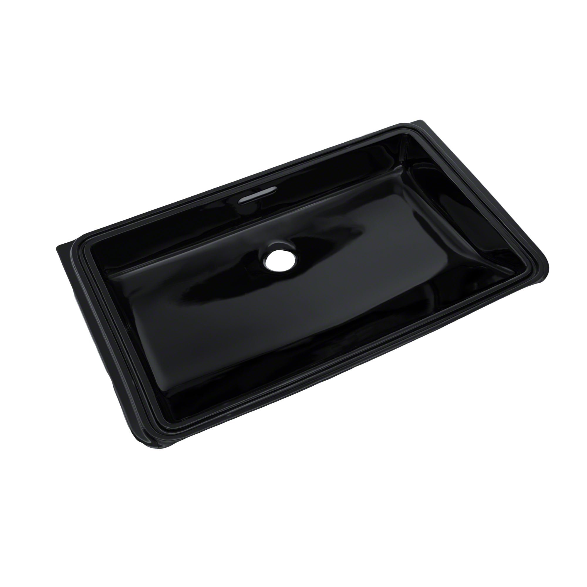 Ebony black rectangular undermount bathroom sink with single faucet hole and curved interior basin.