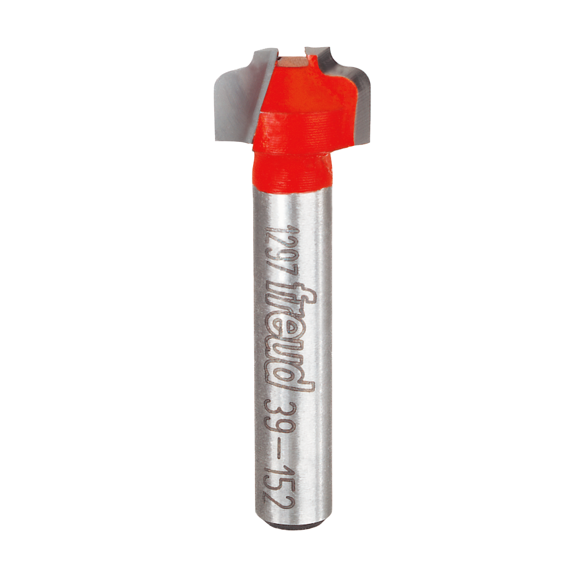 Metal router bit with red cutting head and silver shank labeled "Freud 39-152".