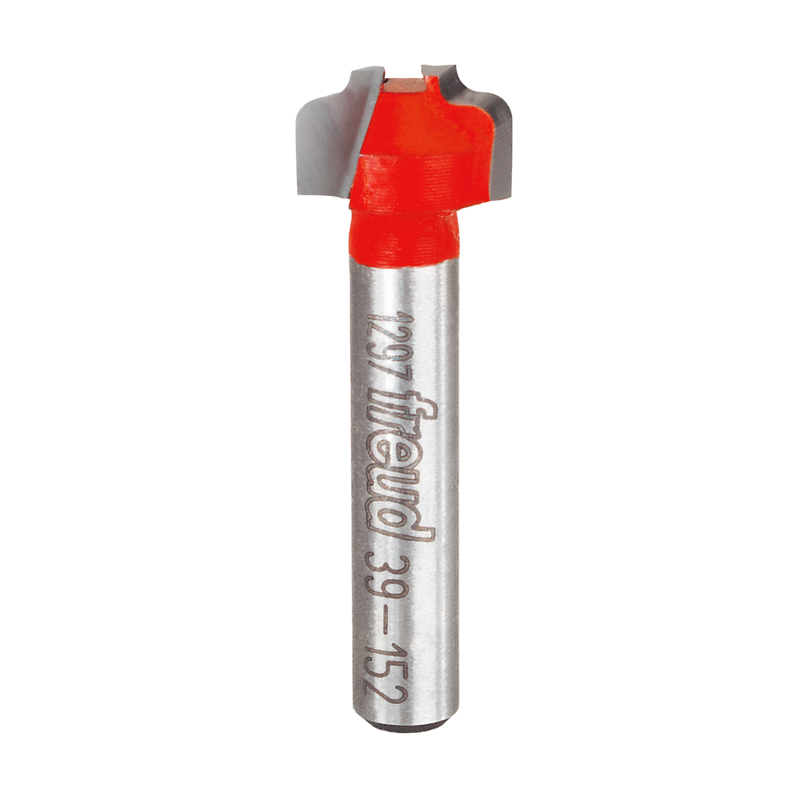 Metal router bit with red cutting head and silver shank labeled "Freud 39-152".