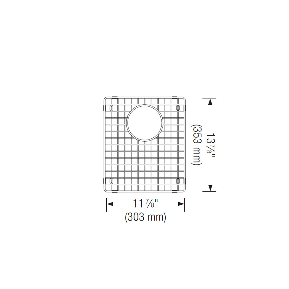 Stainless steel sink grid with square pattern and circular drain hole opening, 11 7/8" x 13 5/8".
