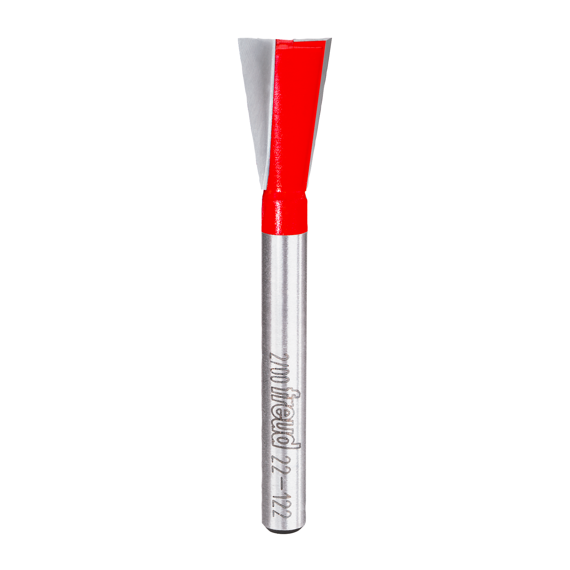 Freud dovetail router bit with red cutting head and silver metal shank marked with Freud branding.