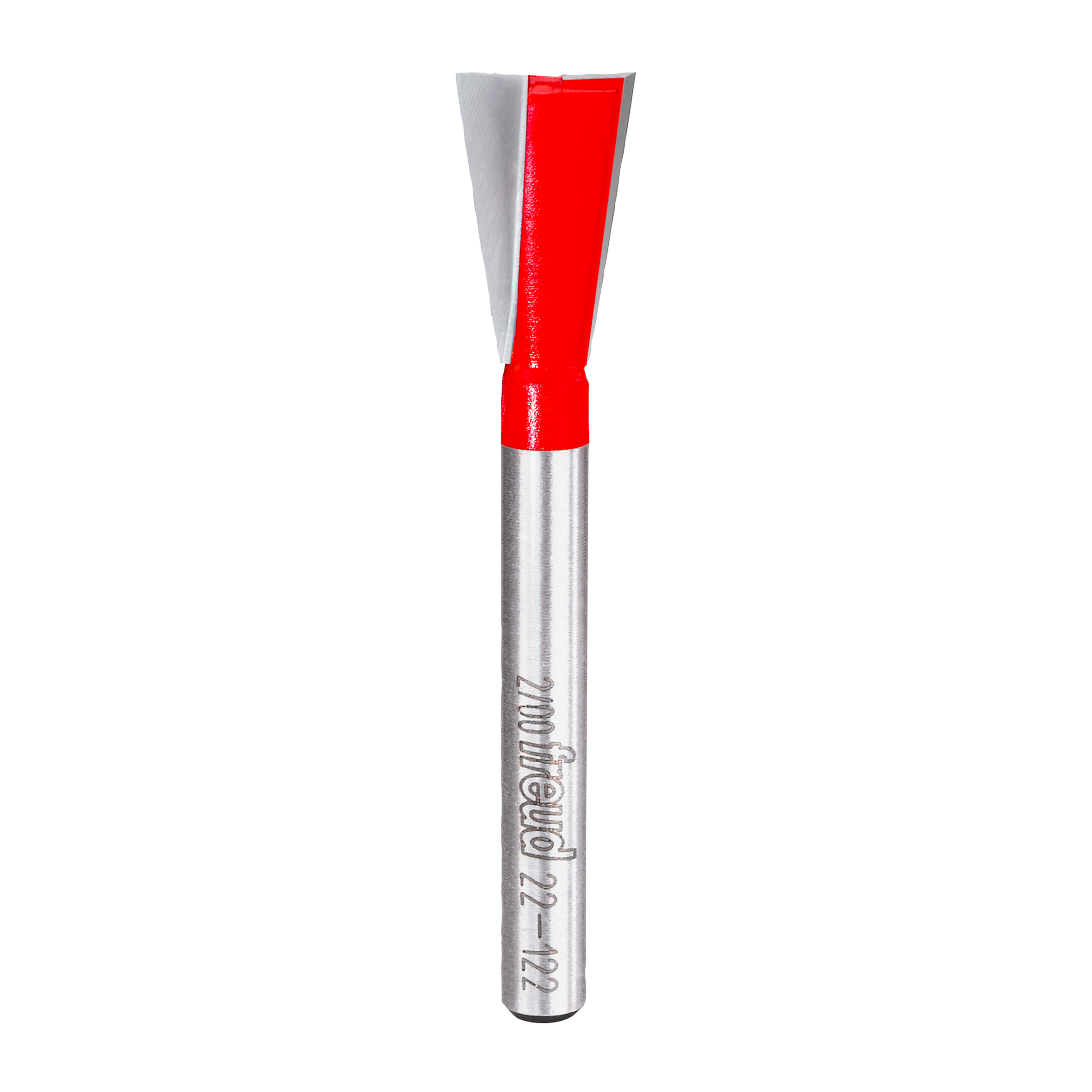 Freud dovetail router bit with red cutting head and silver metal shank marked with Freud branding.