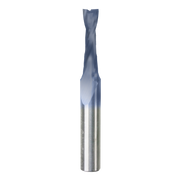 Metal router bit with blue cutting head and upward spiral flutes for woodworking applications.