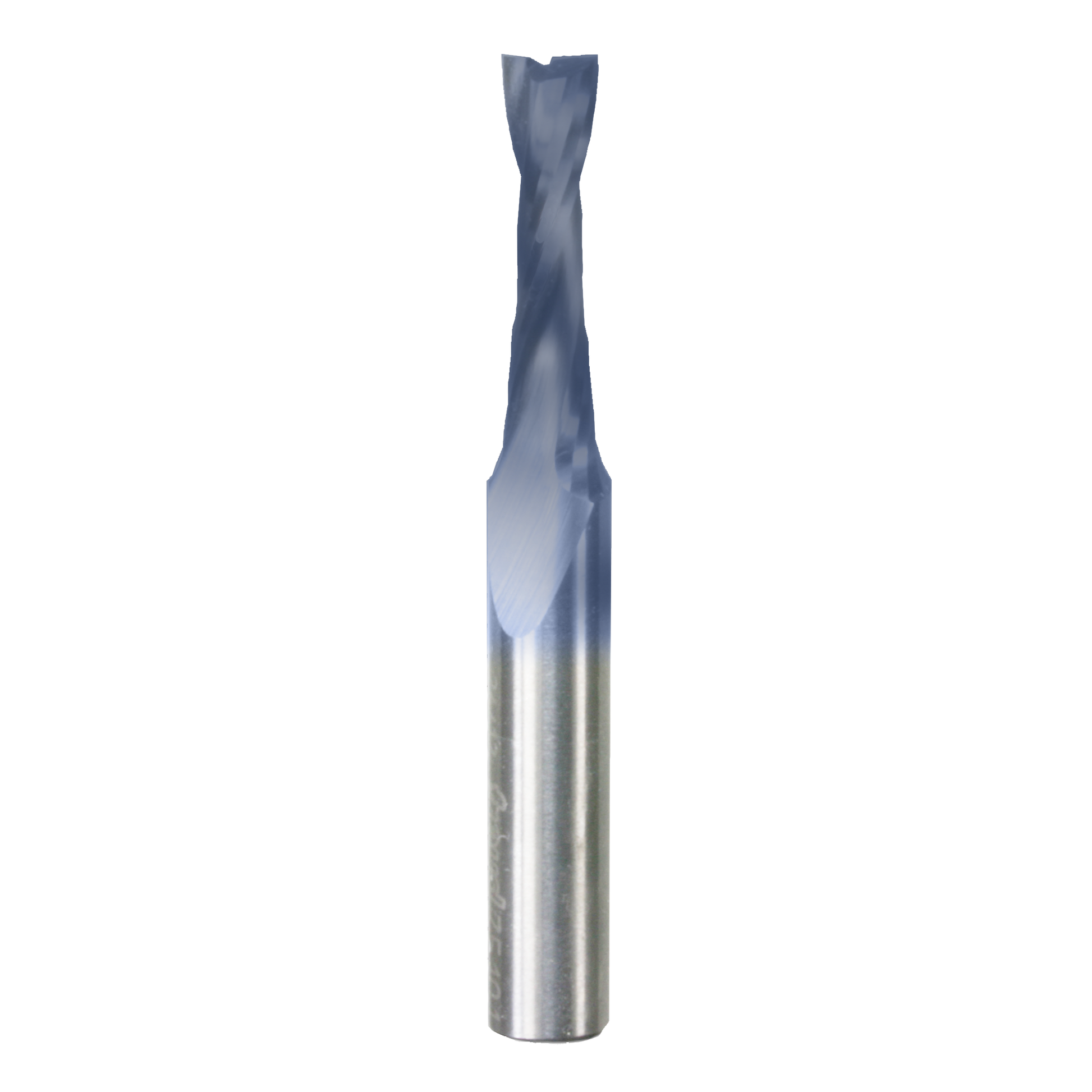 Metal router bit with blue cutting head and upward spiral flutes for woodworking applications.