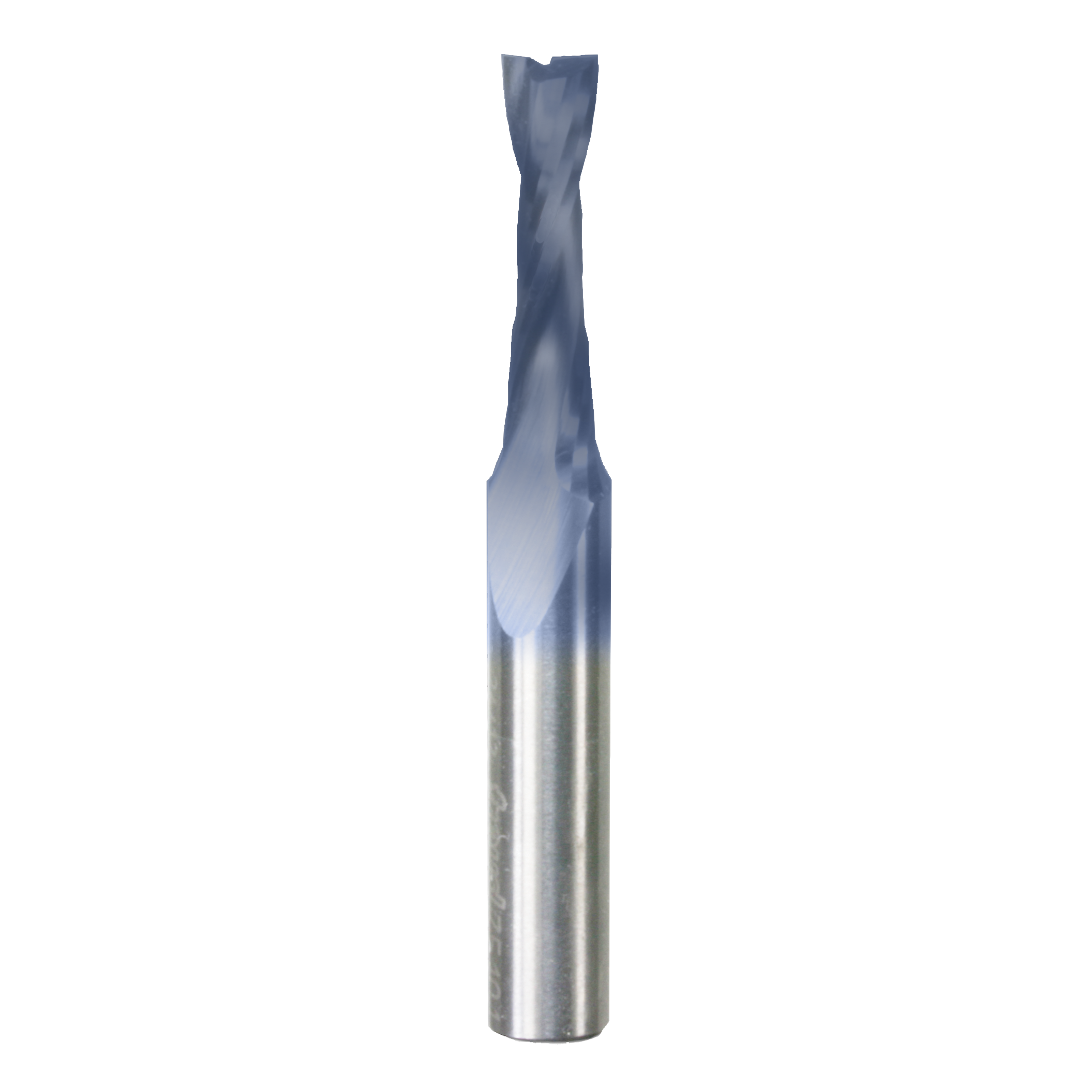 Metal router bit with blue cutting head and upward spiral flutes for woodworking applications.