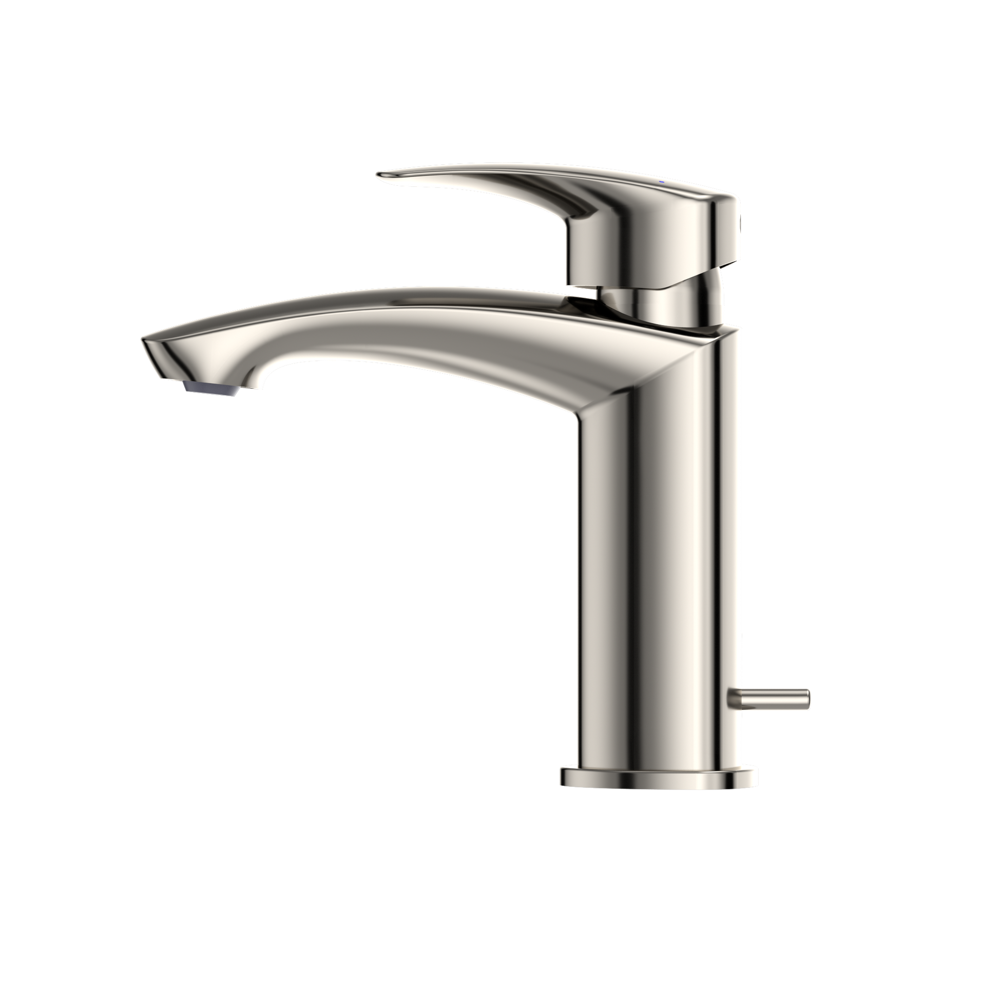 Polished nickel single-handle bathroom sink faucet with curved spout and lever handle.
