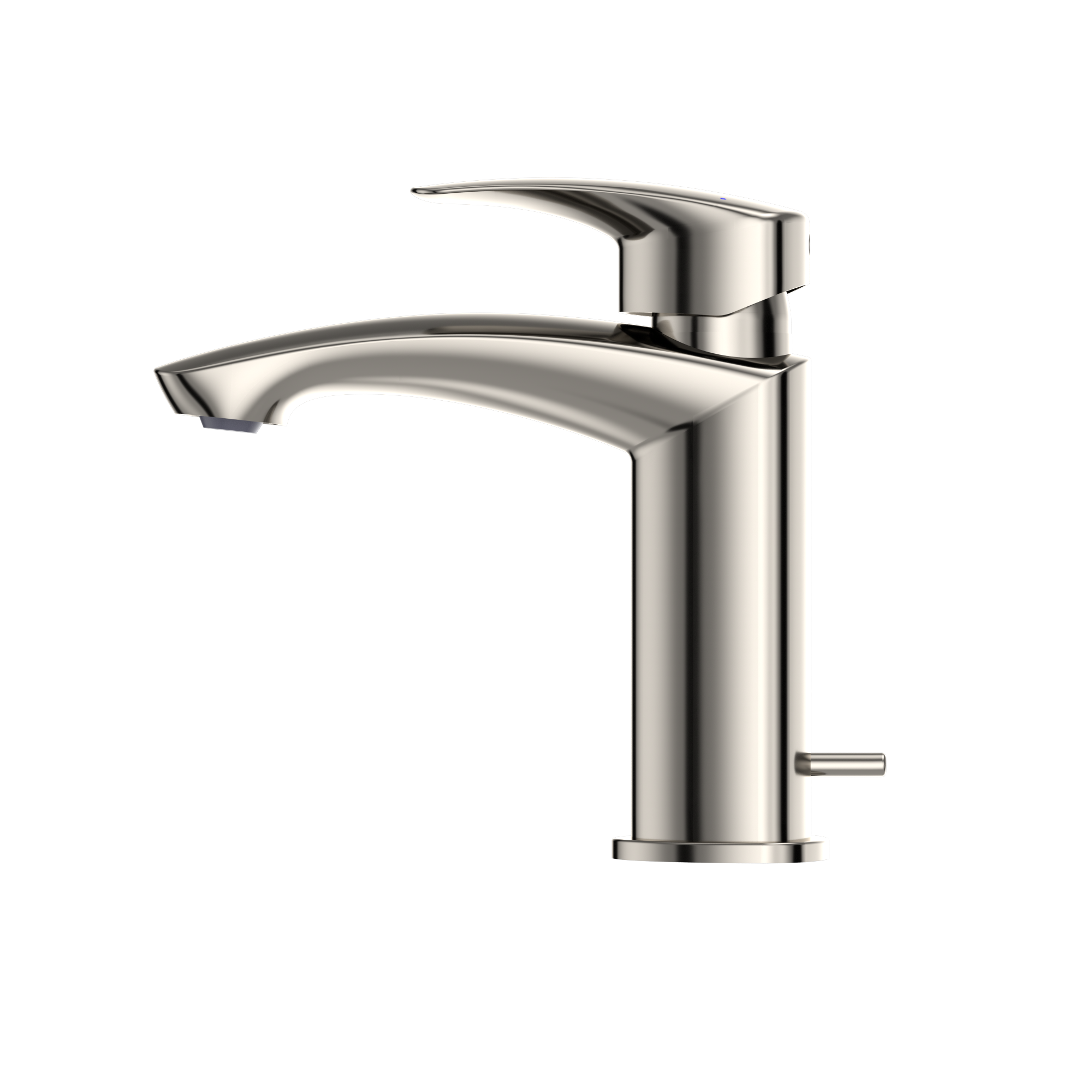 Polished nickel single-handle bathroom sink faucet with curved spout and lever handle.