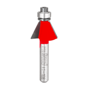 Bevel trim bit with red cutting head, silver metal shank, and bearing collar for router use.